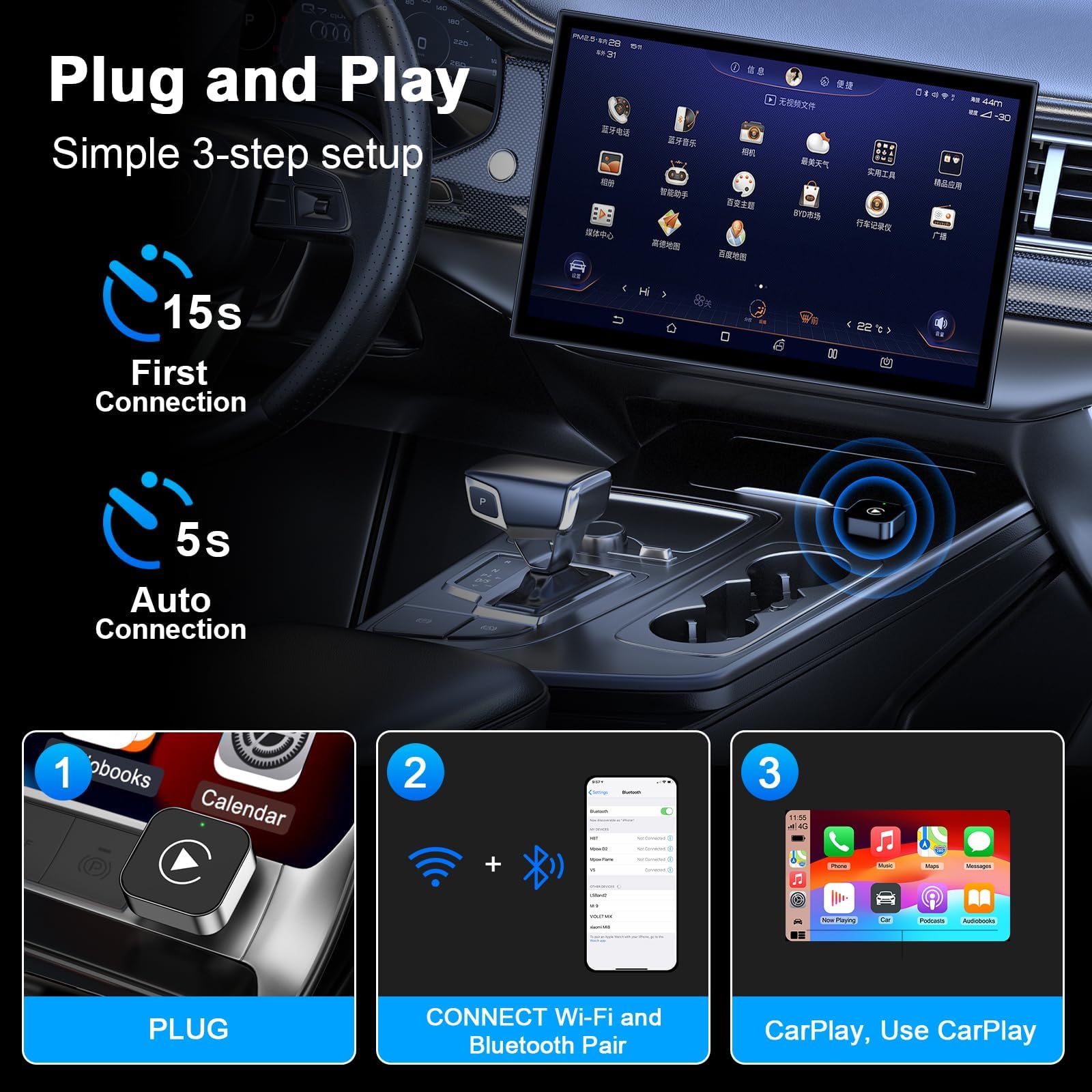 Wireless CarPlay Adapter für iPhone, 2025 Upgraded von Wired CarPlay auf Wire-Less, Plug und Play, 2-in-1 Mini & Stabiler Apple Car Play Wireless Adapter Kompatibel mit iPhone iOS mit Wired Car Play
