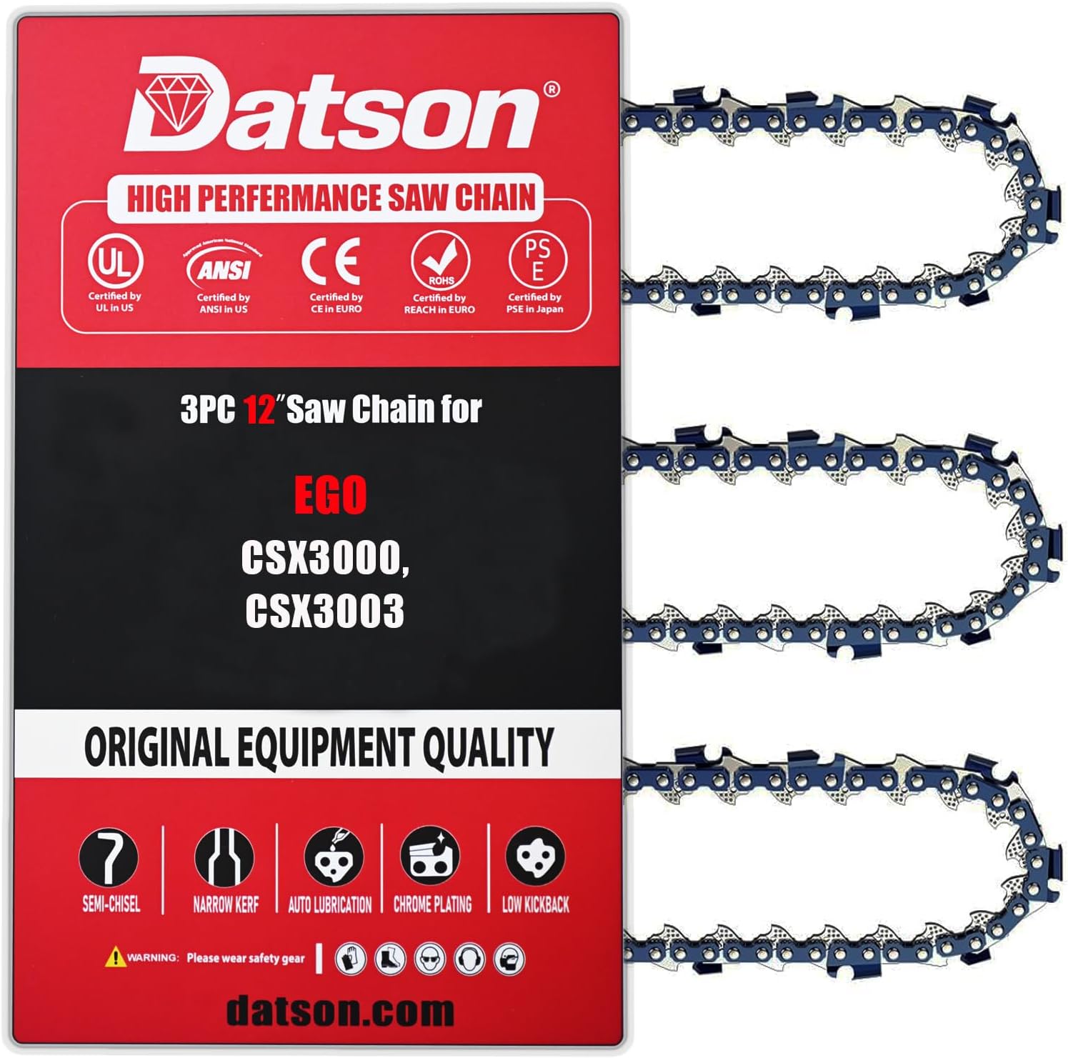 3PC 12" Chainsaw Chain Replacement for EGO Power+ AC1200,AC1204 EGO Replacement chain for POWER+ 12-Inch 56-Volt Lithium-ion Commercial Series Top-Handle Chainsaw CSX3000, CSX3003