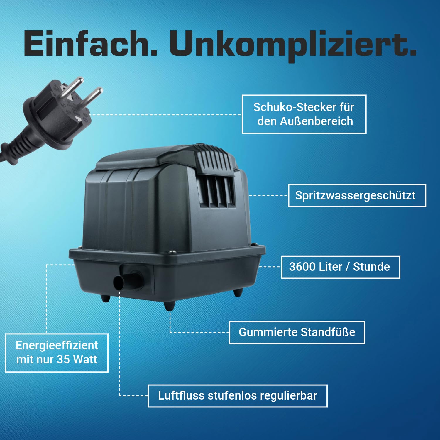 Teichbelüfter 3600 L/H stufenlos regulierbar, 35 Watt Sauerstoffpumpe für Teich, Membranpumpe 60 L/Min, Teichbelüftung, Luftpumpe Teich, Belüfterpumpe für Gartenteiche, Teichbelüftungspumpe
