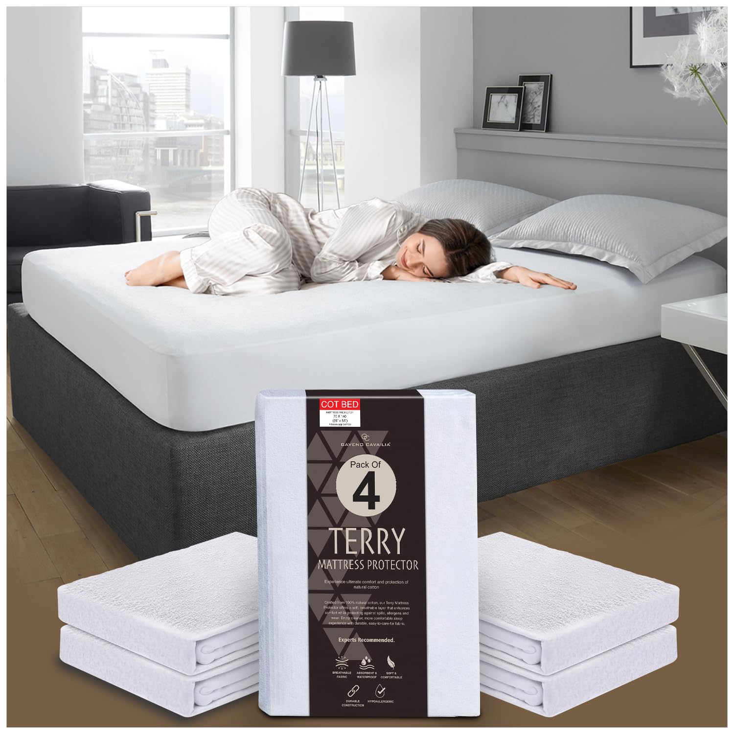 GC GAVENO CAVAILIA Terry Towelling Mattress Protector Pack of 4 Mattress Protectors - Cot Bed Waterproof Mattress Protector Fitted Sheet - Cot Bed Mattress Cover (70 x 140cm) - White