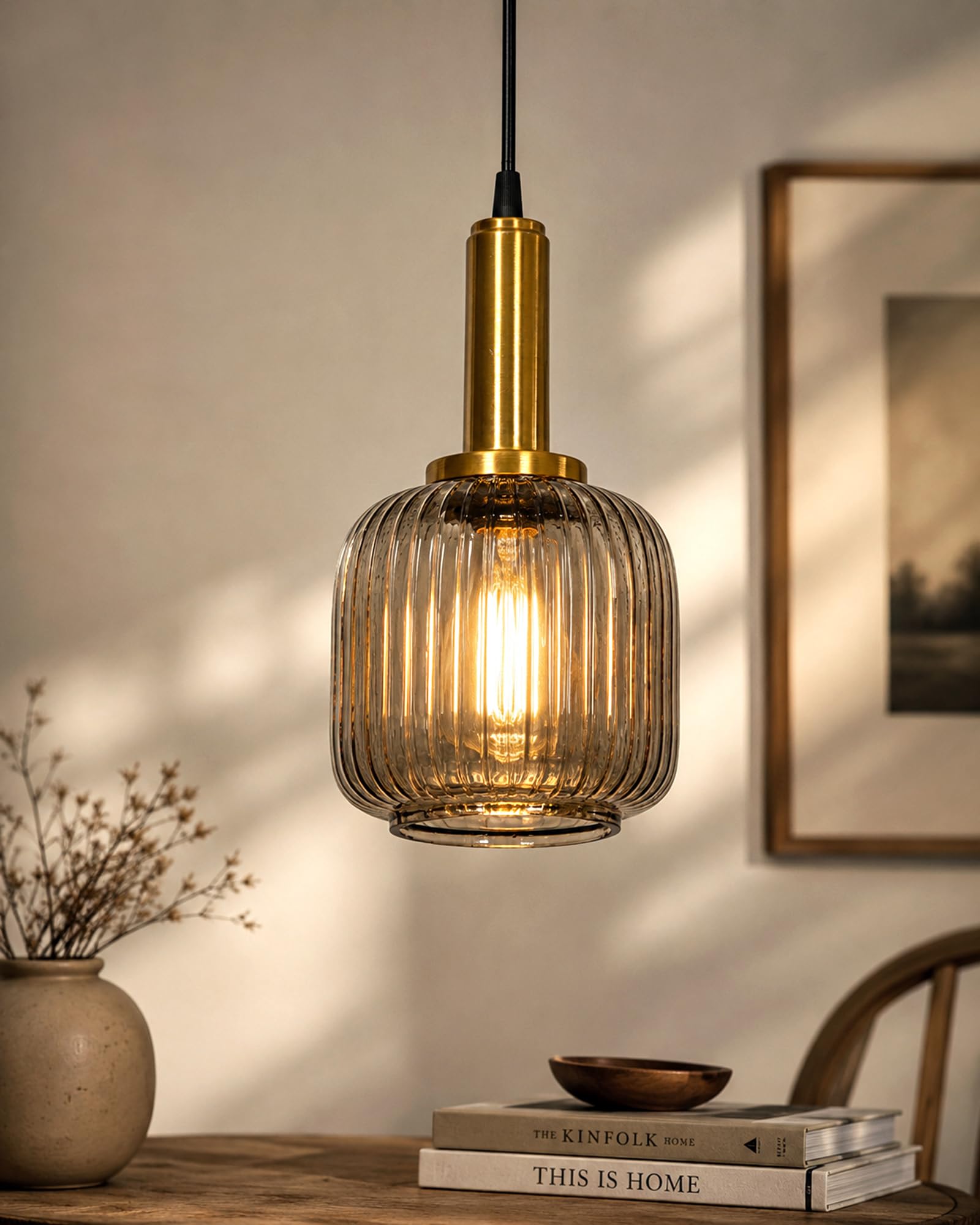 Homesake® Ribbed Glass Hanging Pendant Light, Antique Brass Fluted Glass Ceiling Lamp, Modern Vintage Pendant Light Fixture for Kitchen Island, Dining Room, Living Room & Bedroom-image-48