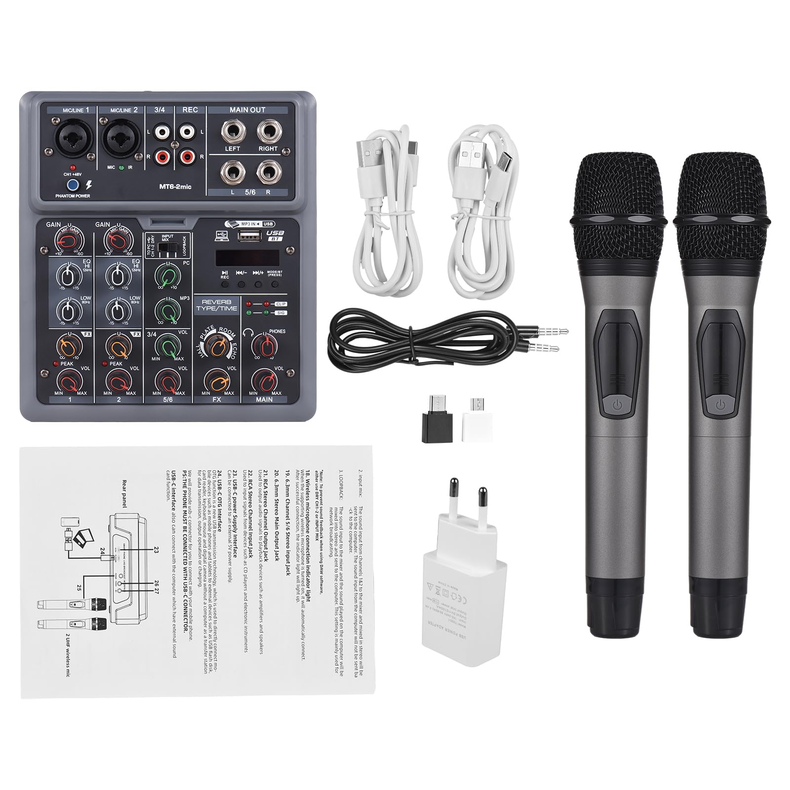 Mixer Audio, Console Di Mixaggio A 6 Canali Con 2 Microfoni Wireless Mixer BT OTG 4 Effetti Di Scena DSP Alimentazione Phantom 48v Scheda Mixer DJ Professionale Per Home Theater