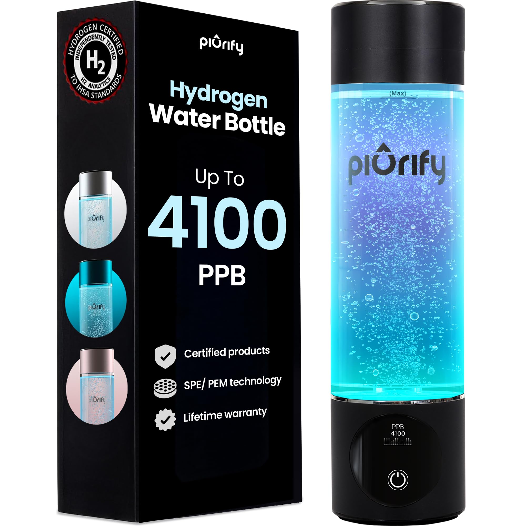 Hydrogen Water Bottle - Black. Food Grade Body Tumbler; SPE/pem Technology, Generates Real 3000ppb Pure Hydrogen Rich Concentration. Dupont Membrane, Purification Vent, OLED Display.