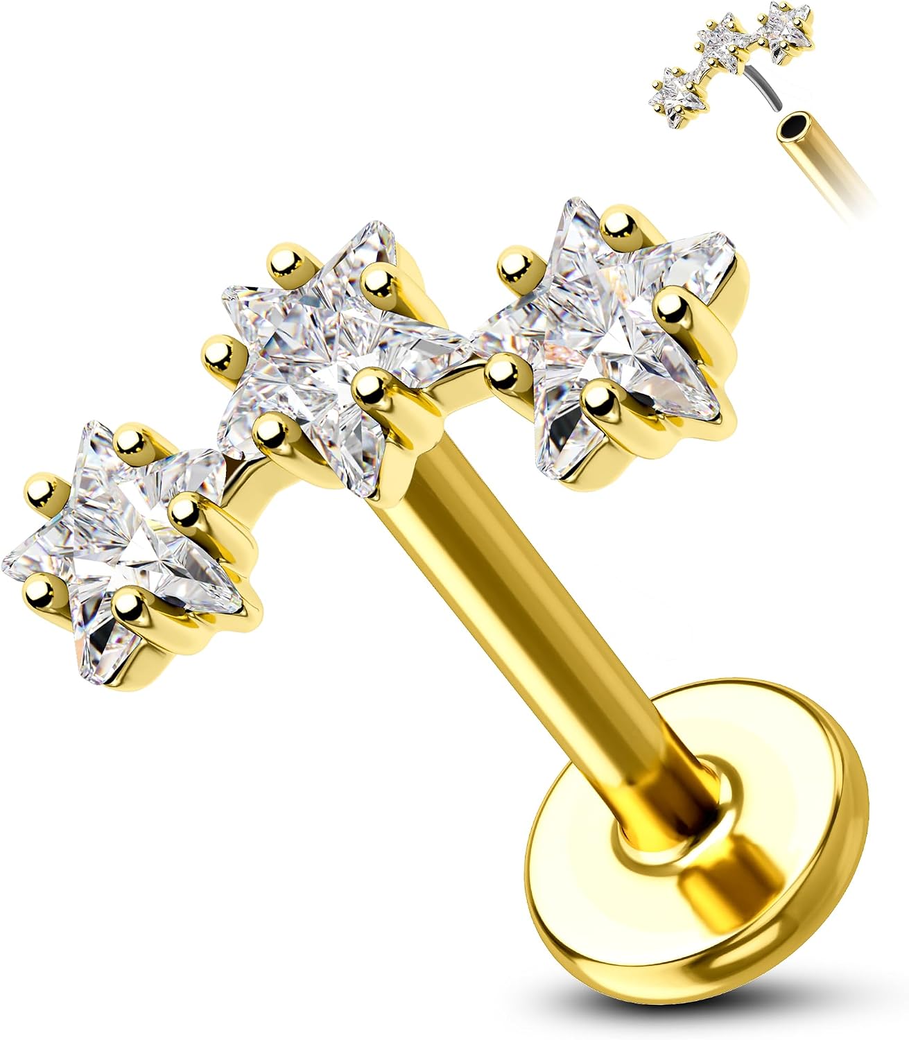 COCHARM 14K Yellow Gold Threadless Star Helix Flat Conch Earring Stud Flat Back 16g Cartilage Earring Yellow Gold Push Pin Cartilage Piercing 8mm 6mm Conch Piercing Jewelry