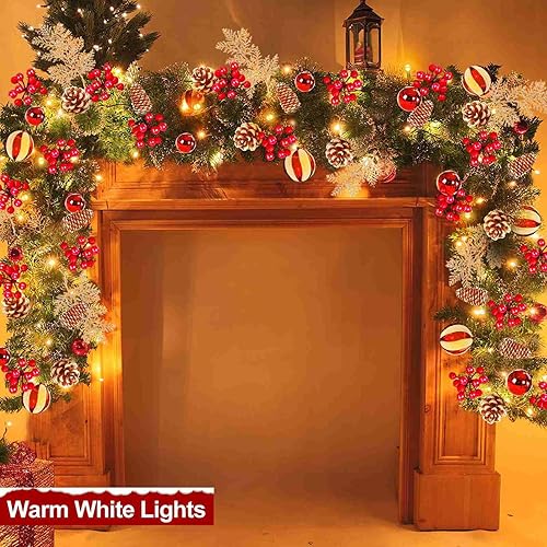 Miniatura 2 de Guirnalda de Navidad de 9 pies con 50 luces blancas cálidas, guirnalda de cedro, 6 hojas de ciprés, 12 bolas, 270 puntas nevadas, 70 bayas rojas, 10