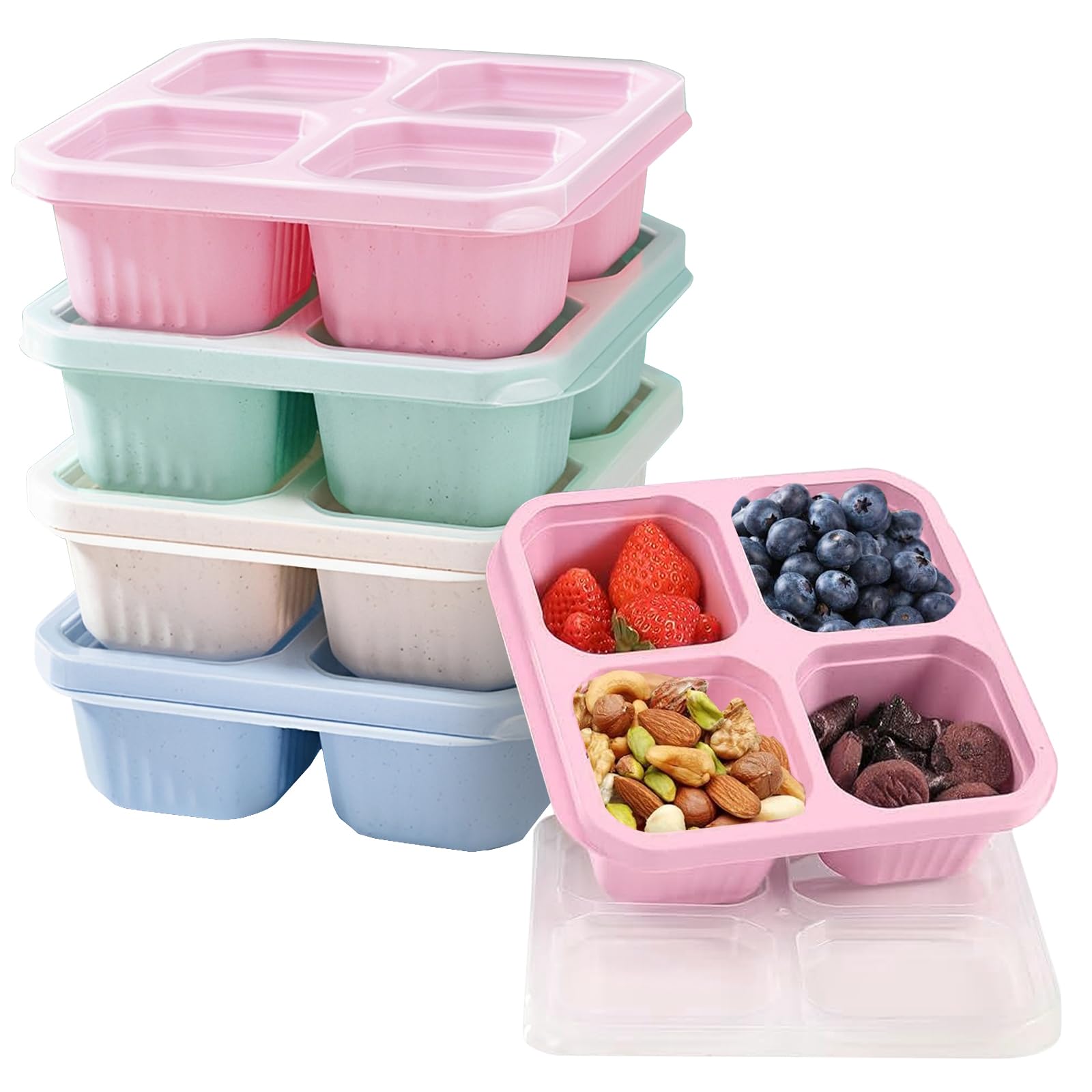 Yeqqzq 4 Pack Snack Boxes, Snack Containers with 4 Compartments, Bento Lunch Boxes for Kids Adults Leakproof Divided Food Storage for School Work Travel