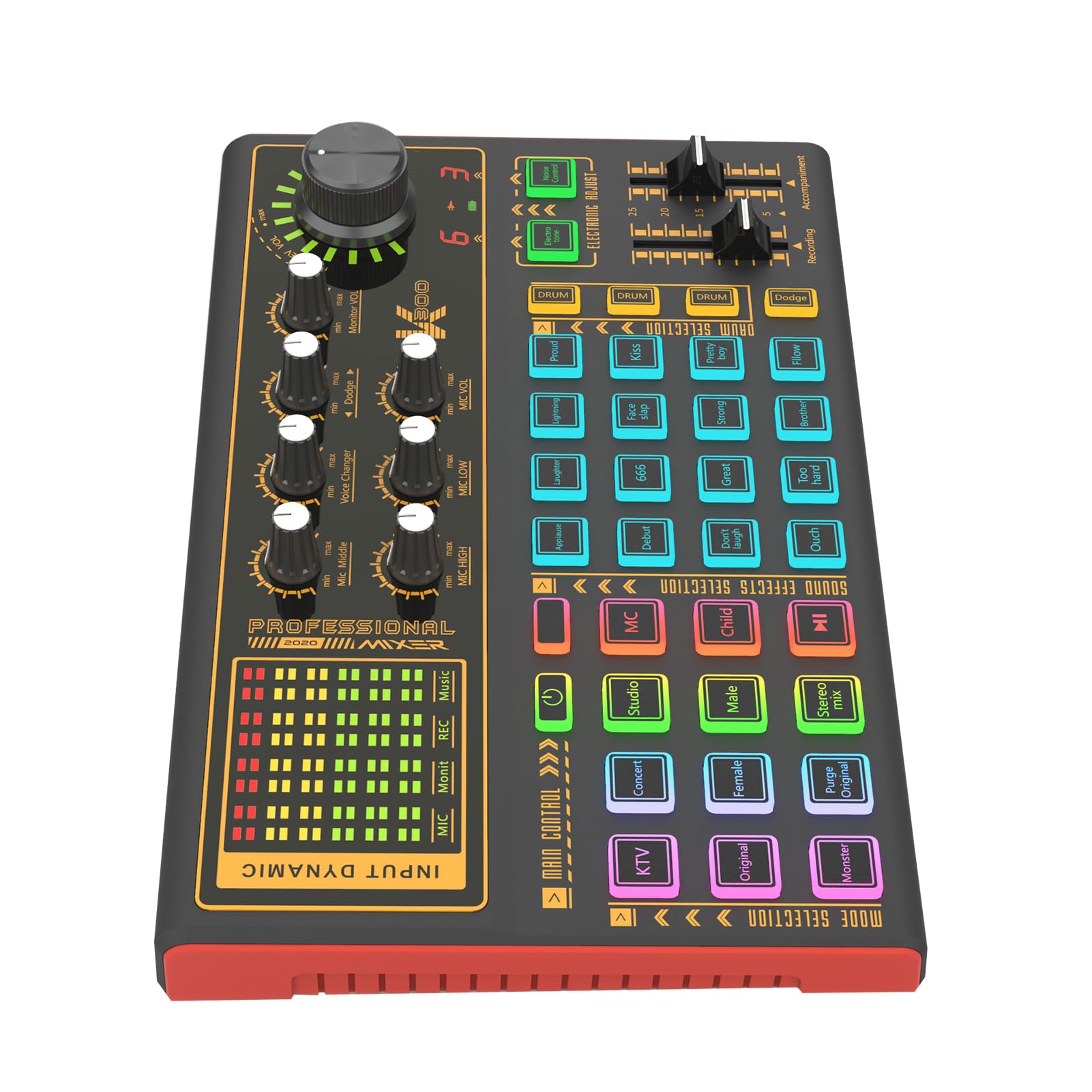 Docooler K300 Carte son en direct avec plusieurs effets de mixage DJ, modificateur de voix et lumière LED pour streaming, podcasting, enregistrement de jeu