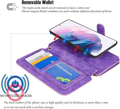 Miniatura 3 de MODOS LOGICOS Funda para Samsung Galaxy S21 Plus, cartera desmontable, 2 en 1, almacenamiento en efectivo con cremallera, hasta 14 ranuras para