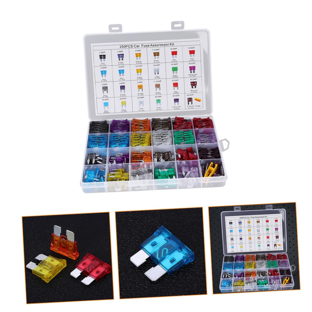 250Pcs Standard Car Fuse Assortment Kit with Labeled Storage Box Fast-Blow Auto Circuit Breakers for Vehicles Boats Motorcycles and DC Electrical Protection