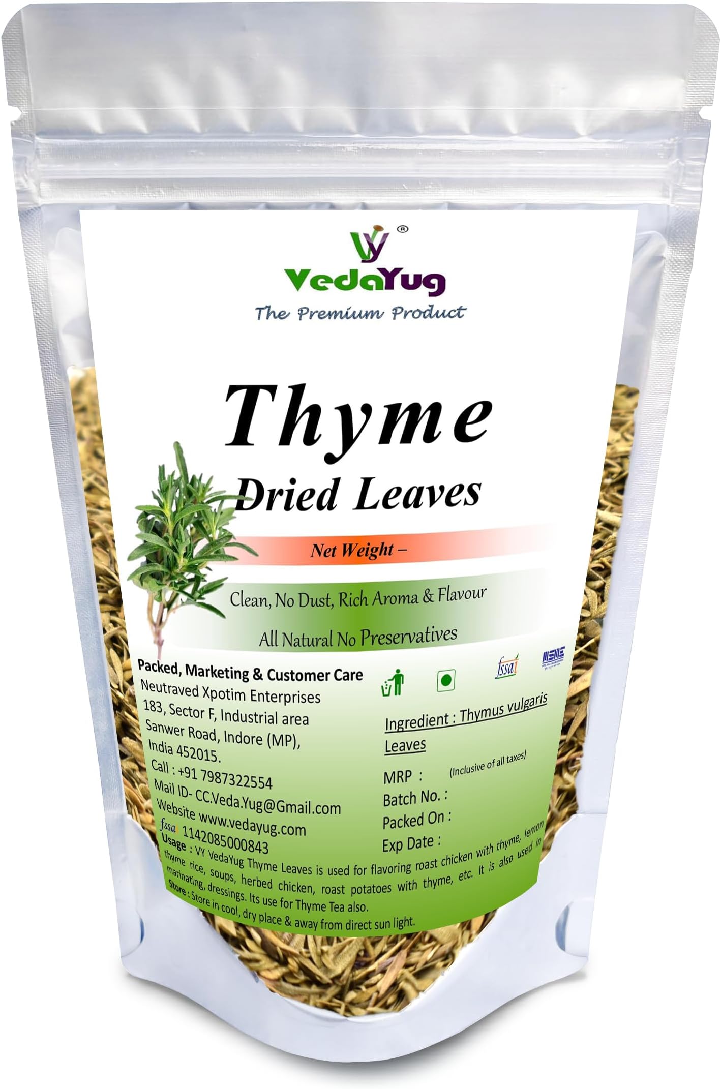 VY VedaYug Thyme leaves 100g, for Seasoning, Italian, Sauces, Salad, Sandwiches, Pizza, Healthy Dried Herbs Herbal Tea Leaves for Cough and Cold- 100g
