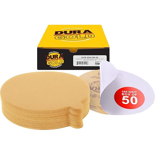 Dura-Gold Premium 6" Gold PSA Sanding Discs - 180 Grit, Box of 50 - Self Adhesive Stickyback Sandpaper for DA Sander, Finishing Coarse-Cut Abrasive - Sand Automotive Car Paint, Woodworking Wood, Metal