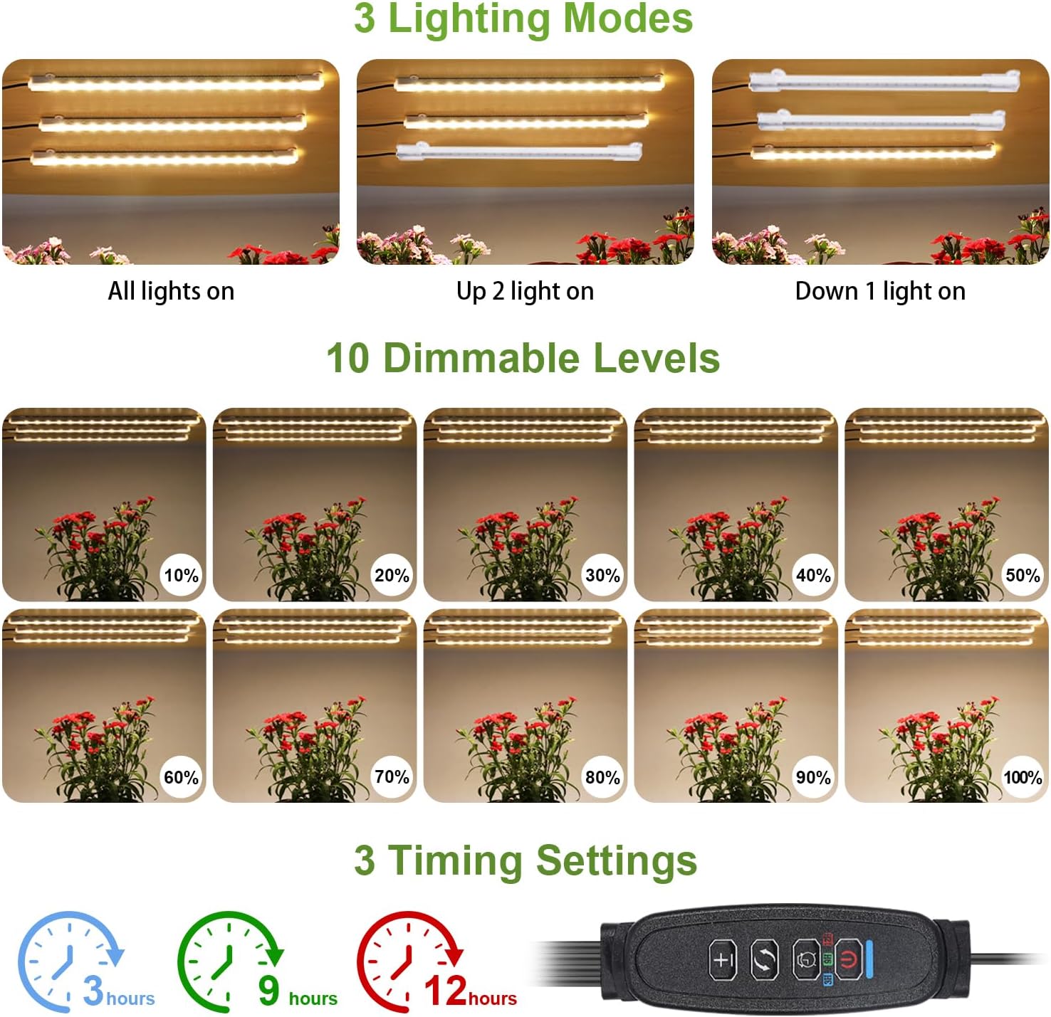 8.6'' LED Grow Light Strips, Full Spectrum 3500K Grow Lights for Indoor Plants, 3 Head with 3/9/12H Timer, 10 Dimmable Levels, Suitable for Seedling, Succulent, Plant Shelf and Greenhouse, 2-Pack