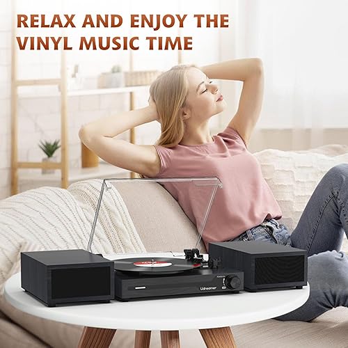 Miniatura 7 de Tocadiscos de vinilo con altavoces, tocadiscos portátil Bluetooth para discos de vinilo, reproductor de fonógrafo LP con 3 velocidades USB RCA en