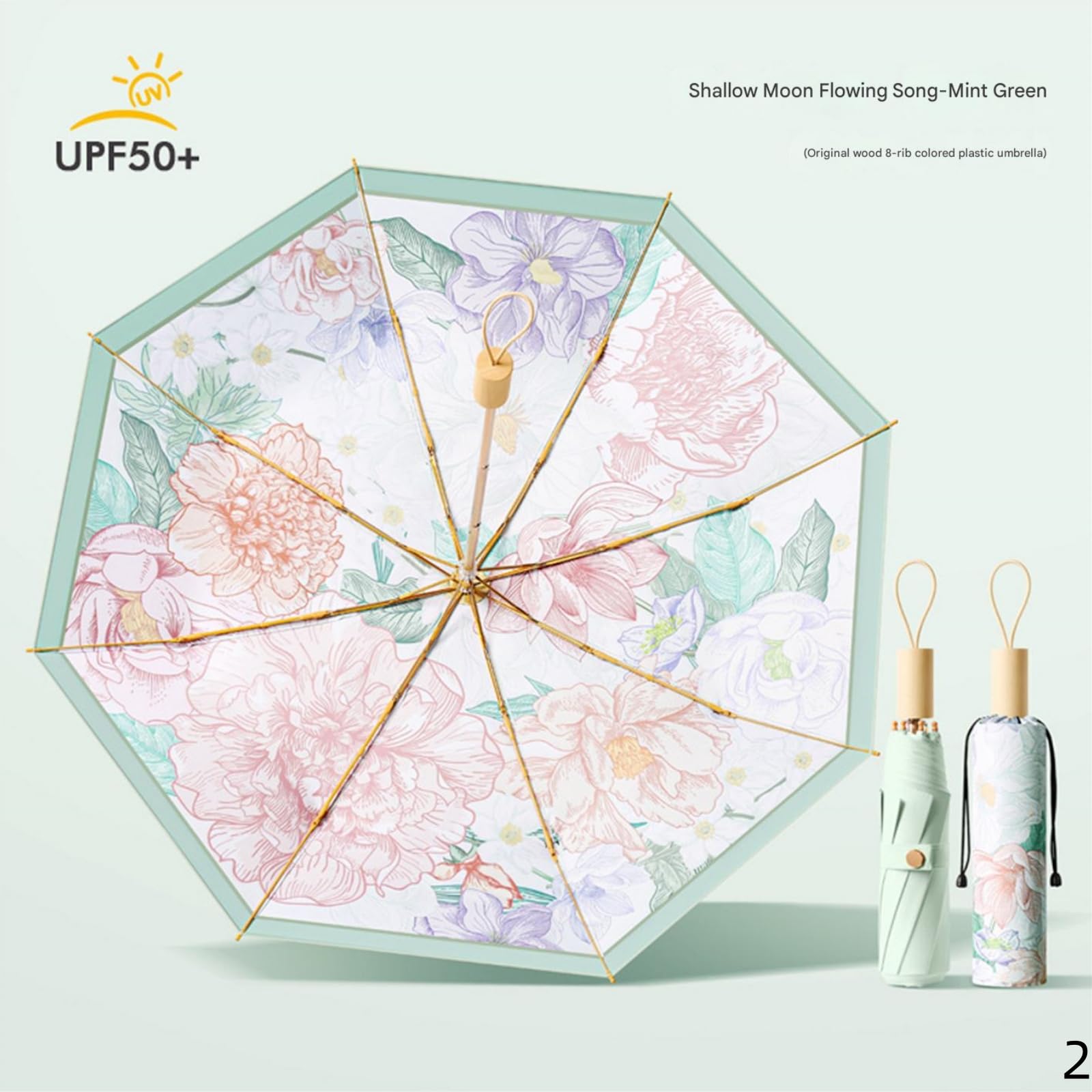 Ombrelle Anti UV Parapluie Umbrella 8 Poignée en Bois Parasol Protection Pliante Mesdames Sunny Trois Fois-Jaune De Jade