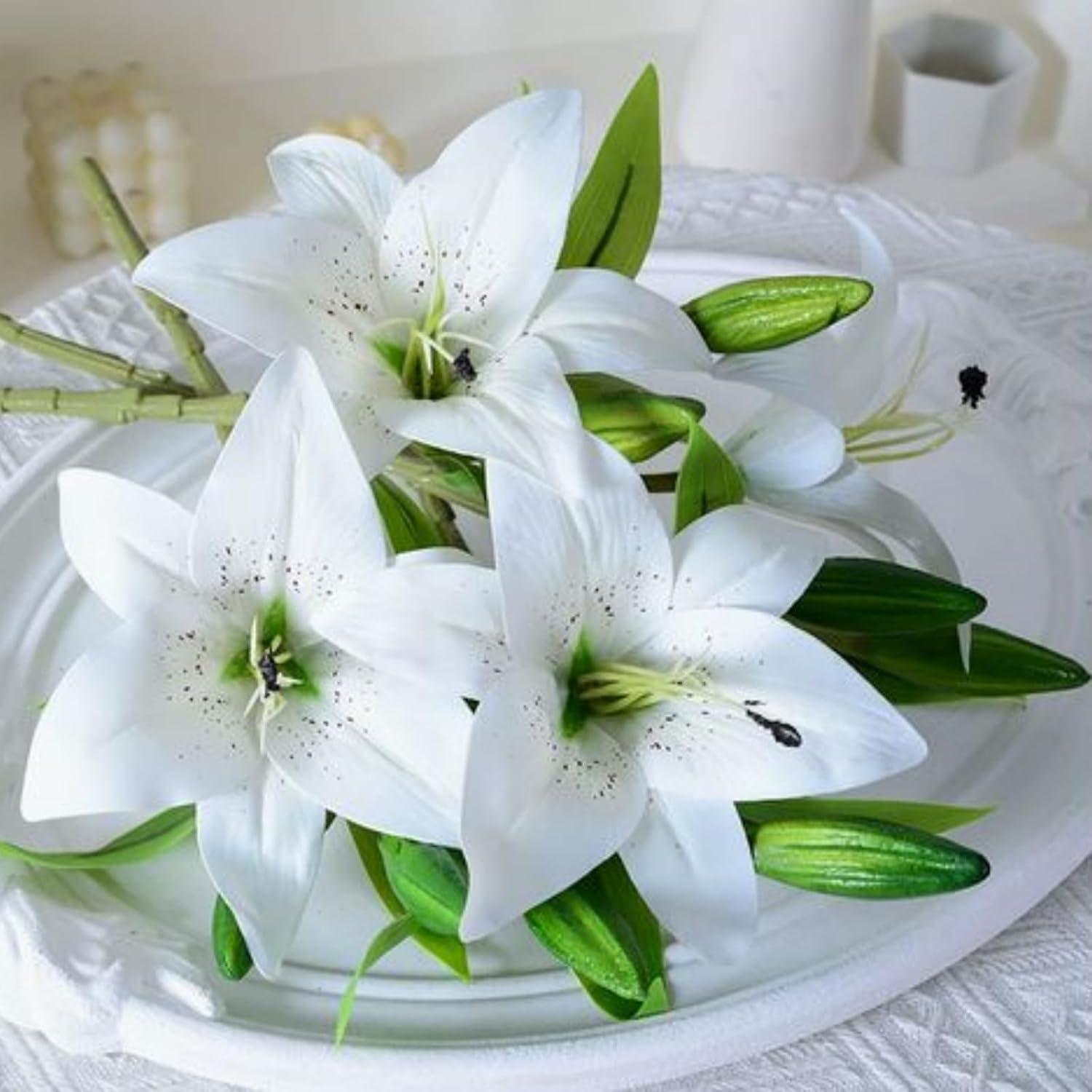 Artificial Easter Lily Flowers, Fake Tiger Lily Real Touch Bouque for Wedding Party Home Garden Hotel Decor (6,) (White) - Image 3