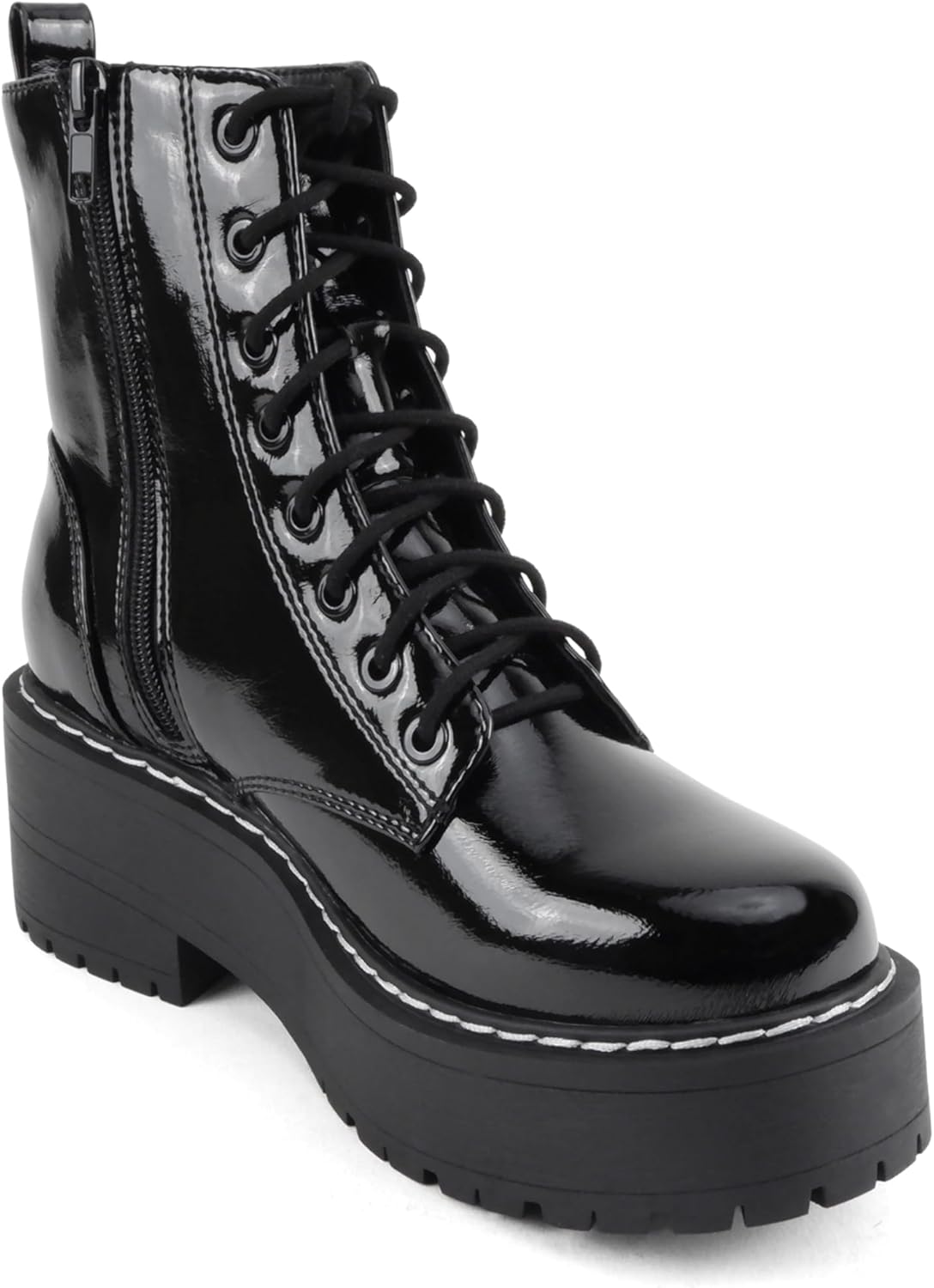 Soda FLING Women Chunky Lug Sole Lace up Fashion Combat Ankle Boot w/Side Zipper - Image 4