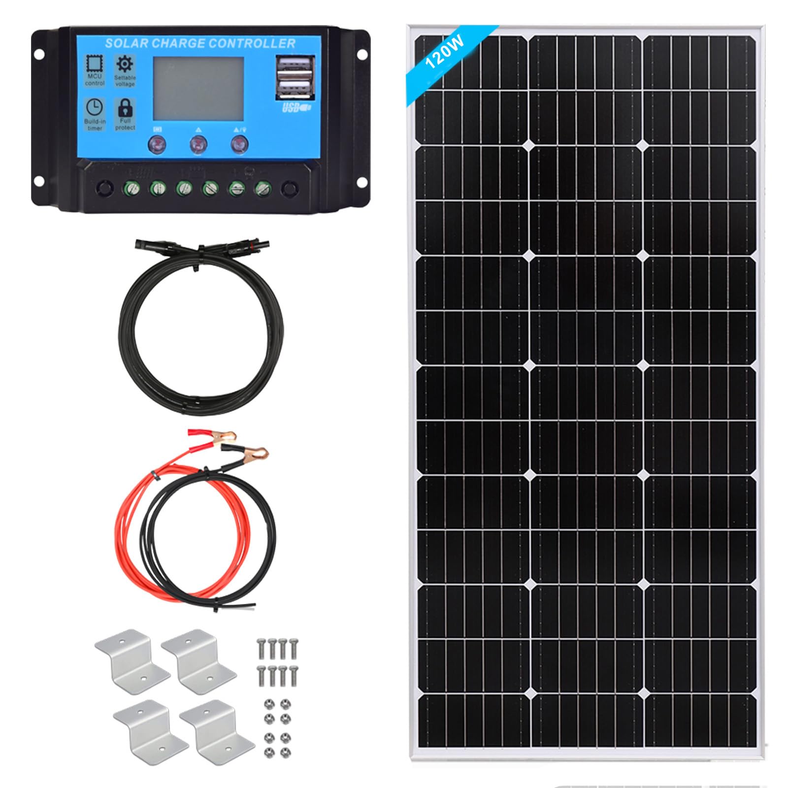 XINPUGUANG Kit Pannello Solare 120W 12V : Pannello fotovoltaico 120W + Regolatore di carica 20A + 2 * Cavo solare 3 metri + Supporti di montaggio a Z per camper, e installazioni su tetto