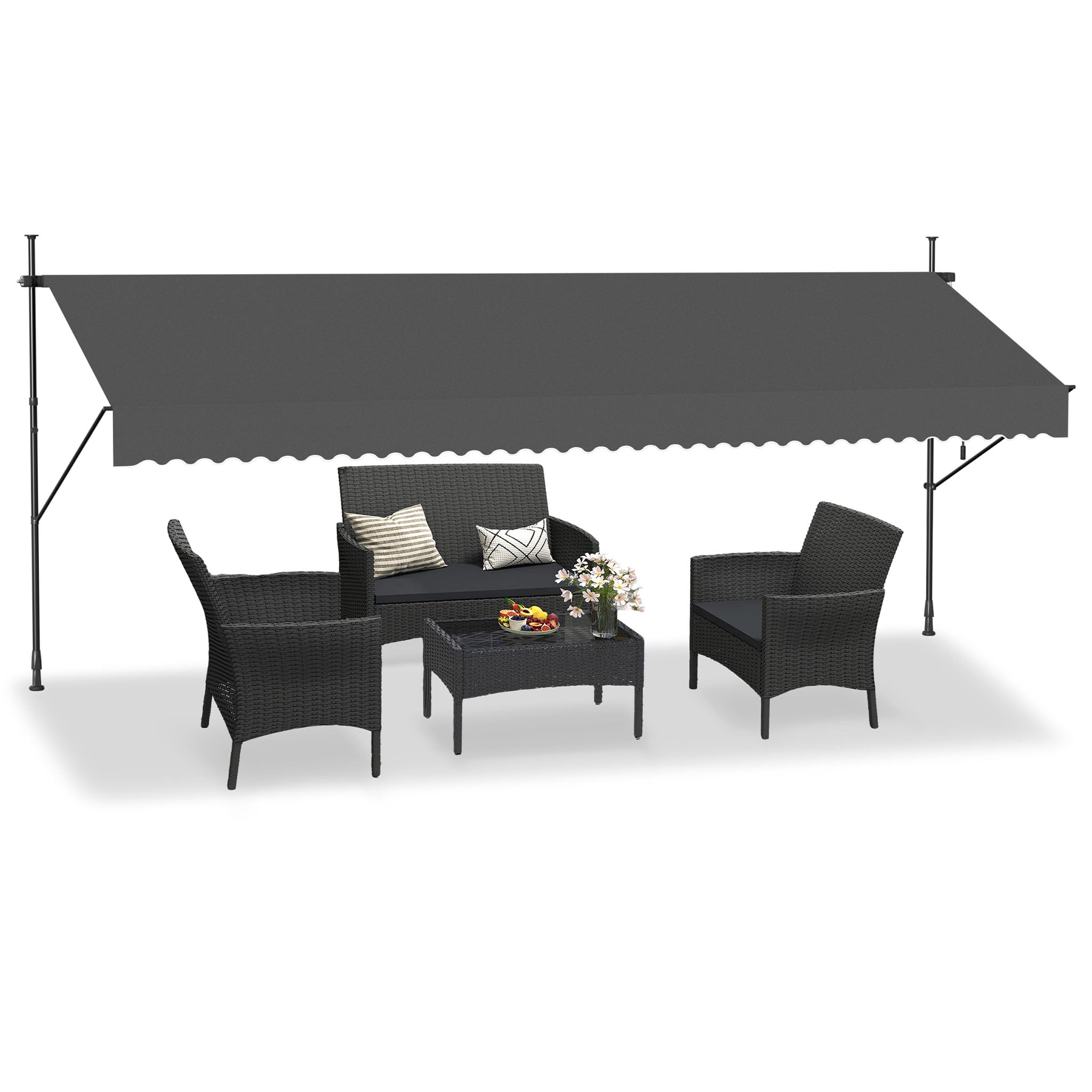 HENGMEI Telescopic Awning 400 x 120cm Retractable Clamp-On Balcony Awning with Hand Crank, No-Drill UV Protection Sun Shade Canopy for Patio, Garden Terrace Shelter Adjustable, Dark Grey