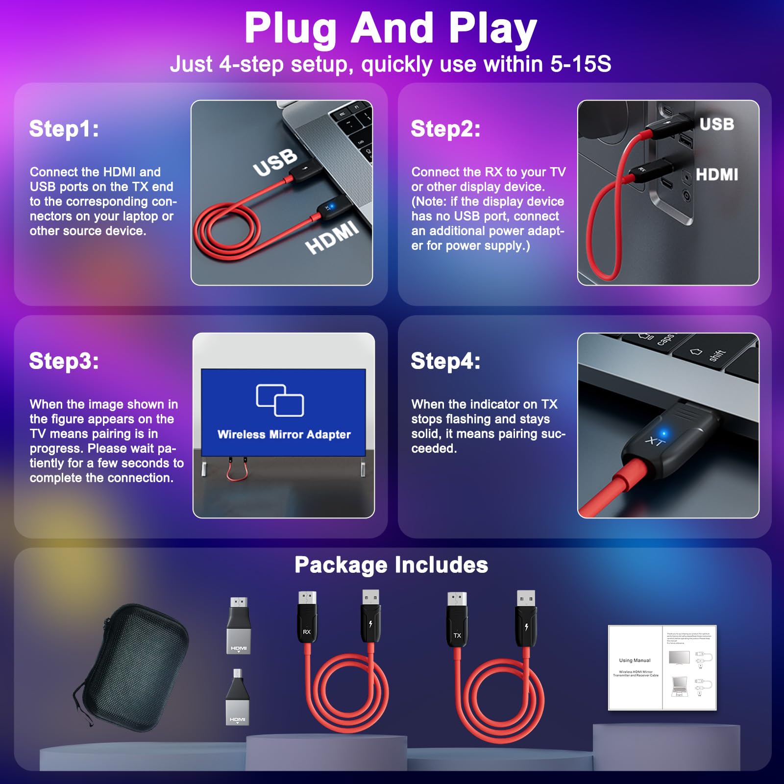 HDMI Senza Fili, HDMI Wireless Trasmettitore e Ricevitore, 4K/5GHz Wireless HDMI Audio Video Streaming Transmitter e Receiver per Laptop/TV Box/Camera/Blu-ray a HDTV/Proiettore/Monitor