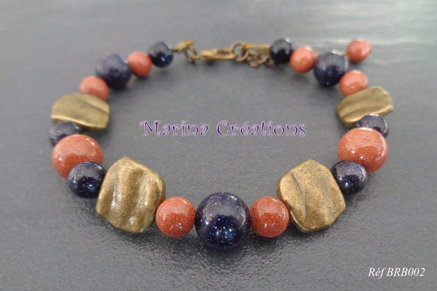 Genuine goldsand and blue sand stone bronze bracelet, ethnic chic, 8mm and 6mm