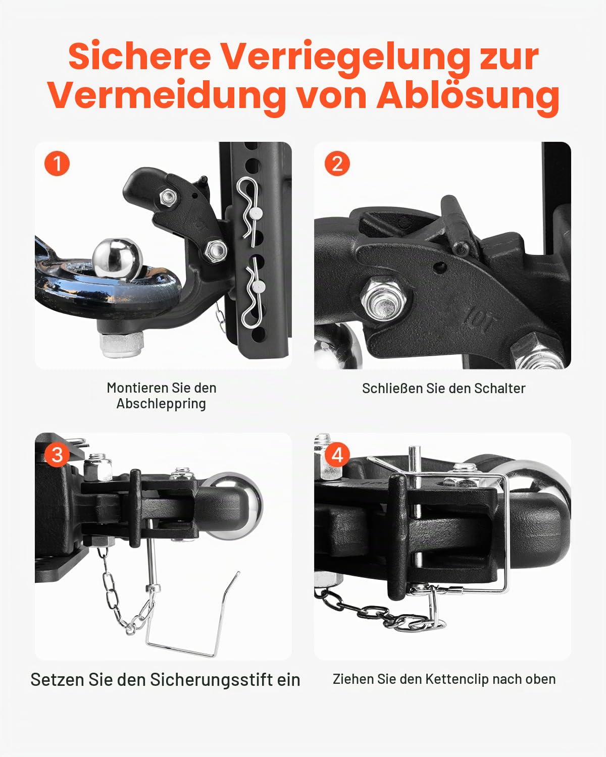 VEVOR Anhängerkupplung, 9070 kg, für 50,8 mm Anhängekupplungshaken, Kombination aus 50,8 mm Kugelkopf, passend für 63,5-76,2mm Lünettenring, 152,4 mm Anstieg & Absenkung, Schwarze Pulverbeschichtung