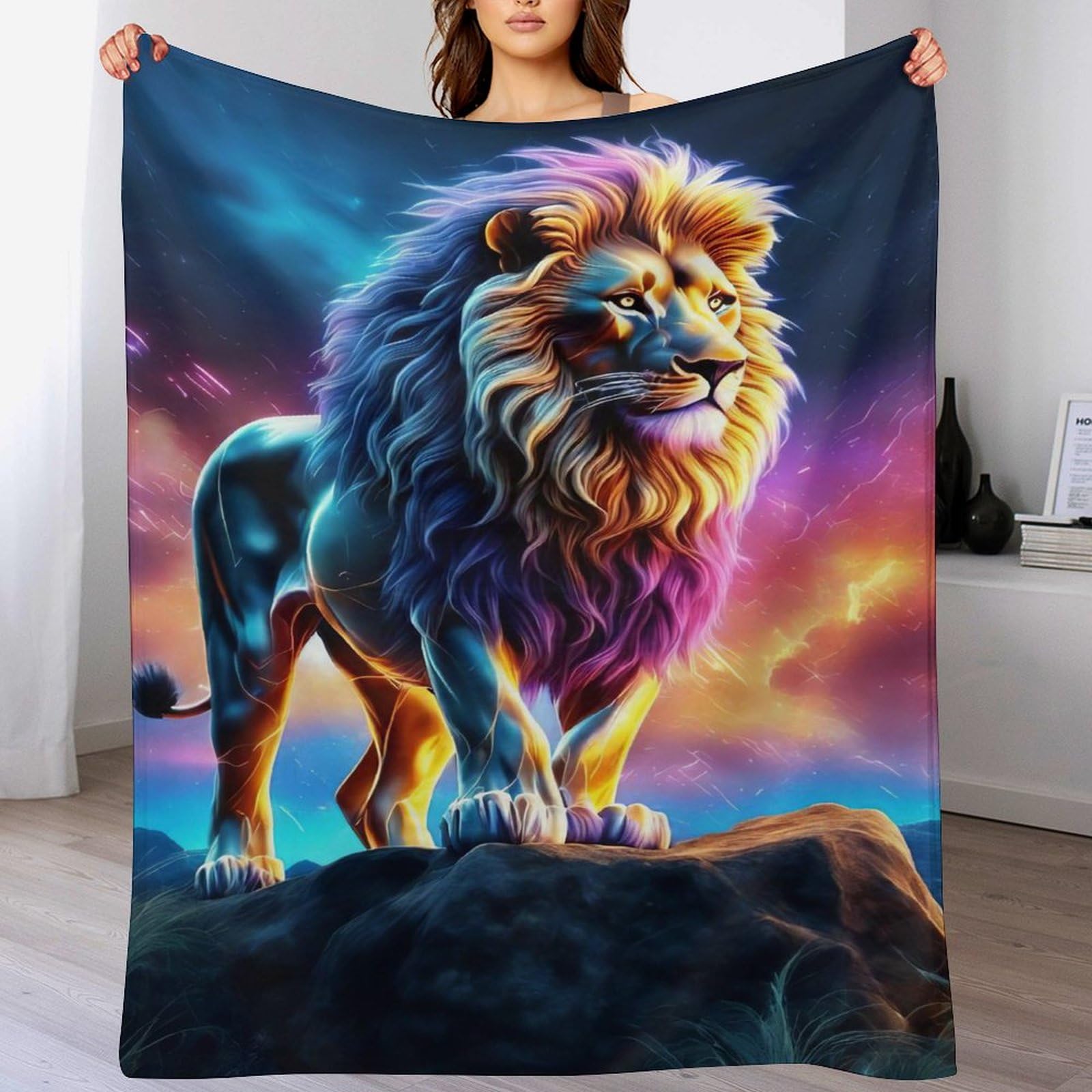 Plaid doux lion effet velours pour cocooning sur le canapé du salon pendant les soirées d'hiver