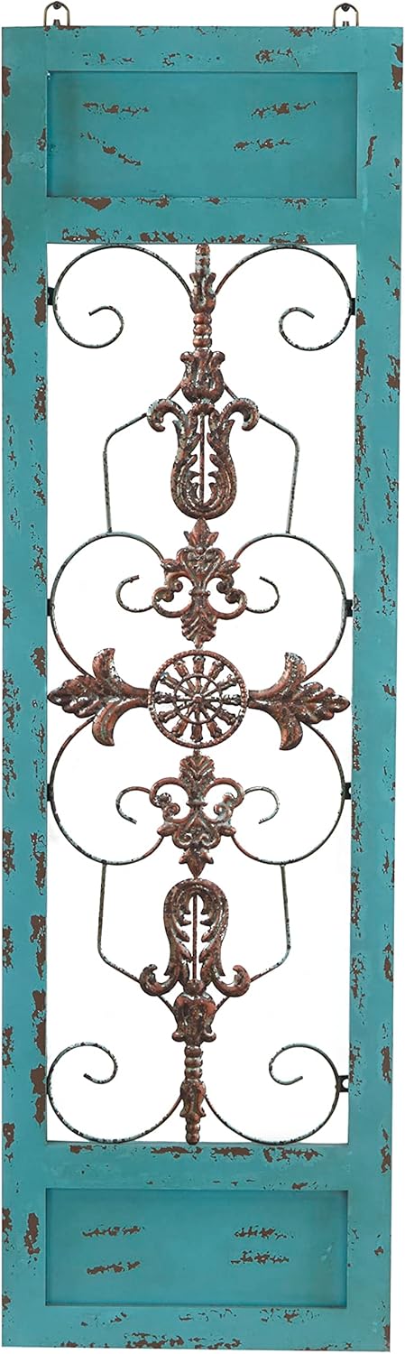 Deco 79 Wood Scroll Home Wall Decor Arabesque Wall Sculpture with Metal Fleur De Lis Relief, Wall Art 14" x 1" x 47", Teal