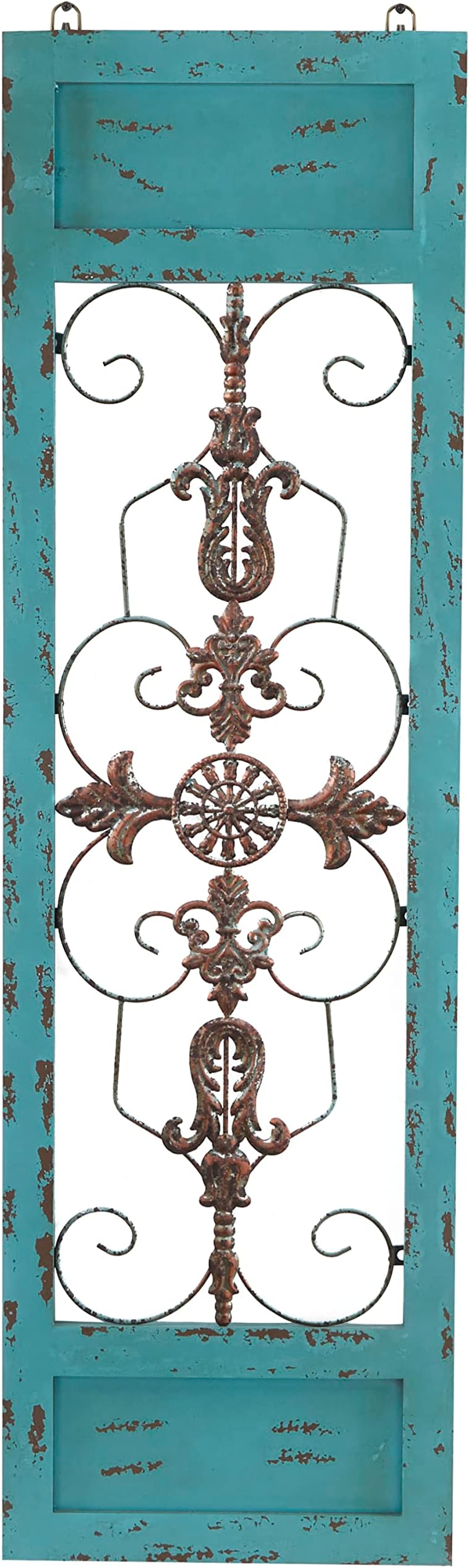 Deco 79 Wood Scroll Home Wall Decor Arabesque Wall Sculpture with Metal Fleur De Lis Relief, Wall Art 14" x 1" x 47", Teal