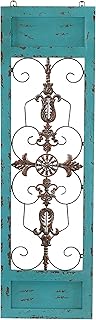 Deco 79 Wood Scroll Home Wall Decor Arabesque Wall Sculpture with Metal Fleur De Lis Relief, Wall Art 14" x 1" x 47", Teal