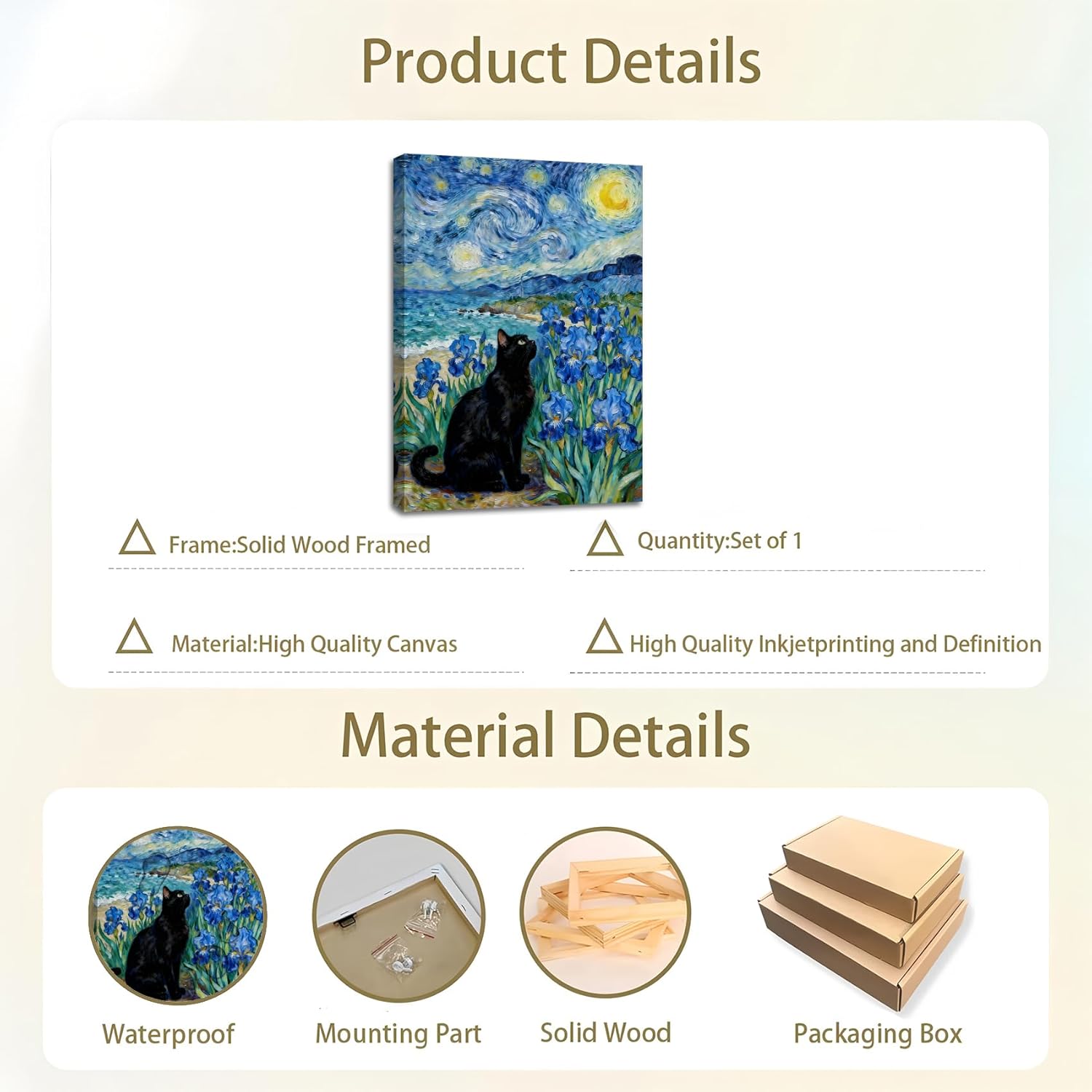 SIXWOOD Blue Irises and Black Cat in Van Gogh Inspired Starry Night Canvas Wall Art Painting, Swirling Sky Picture Wall Decor for Living Room Bedroom, 16x24 in Framed Ready to Hang Coastal Art Print