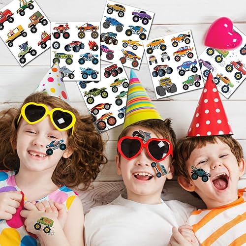 Miniatura 5 de Tatuajes temporales de Monster Truck para suministros de fiesta de niños, 10 hojas de tatuajes de camiones monstruo para niños, regalos de fiesta de