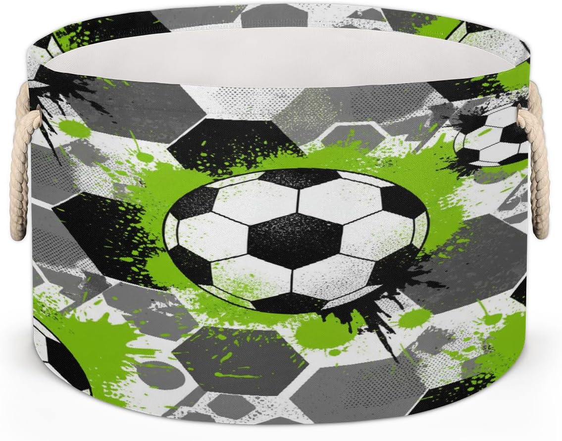 Large Storage Baskets - Soccer Nursery Round Collapsible Organizer Bin Box Laundry Hamper for Kids Toys, Blanket, Bedroom Living Room Home Decor, Gift Basket, 19.4"x13.3"