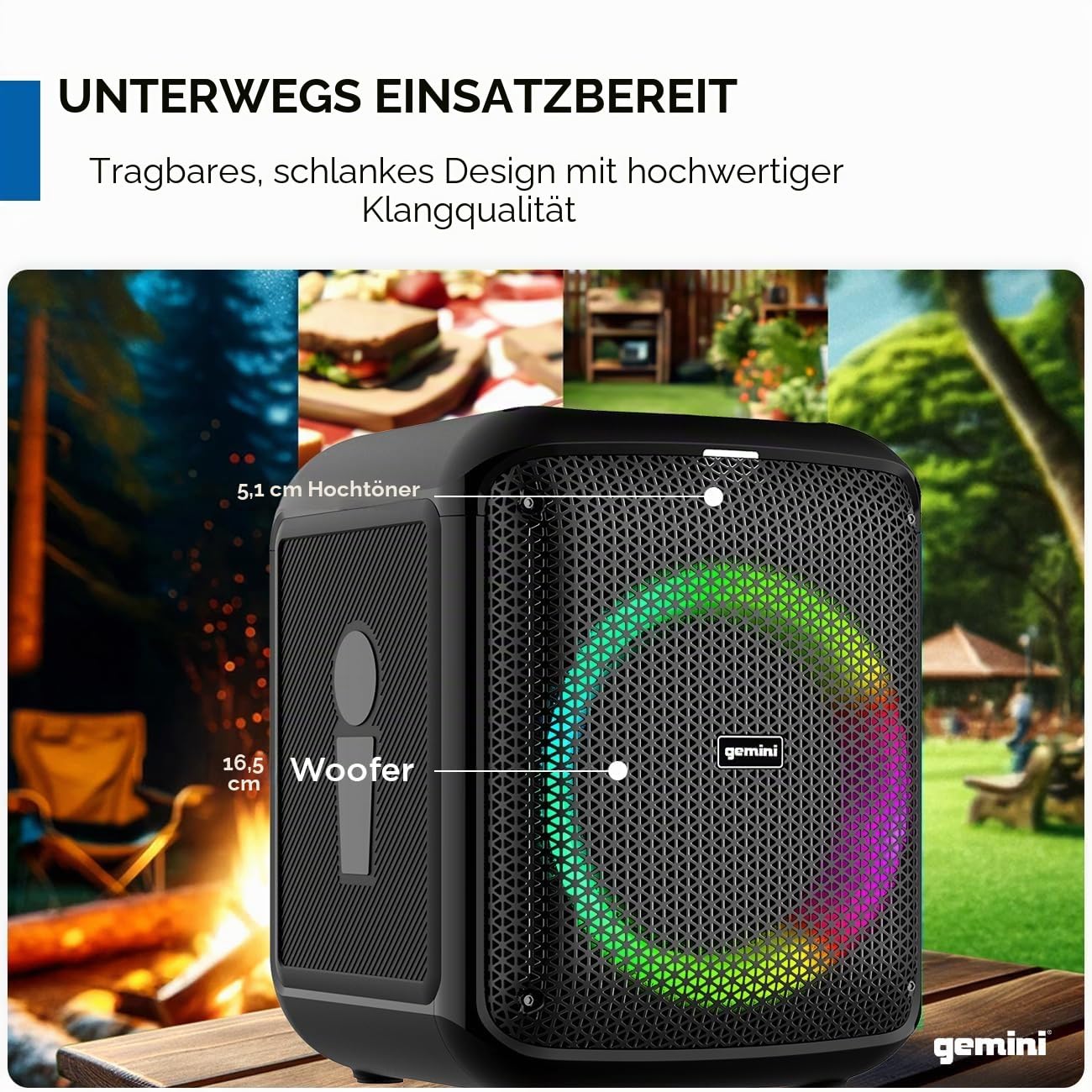 Gemini Sound GGO-Serie – GGO-650L tragbare Bluetooth-Boombox – 100W- und 200W-Modelle, LED-Partybeleuchtung, TWS-Kopplungsfunktion, Funkmikrofon, aufladbarer Akku, USB, AUX, Laufzeit von 10 Stunden