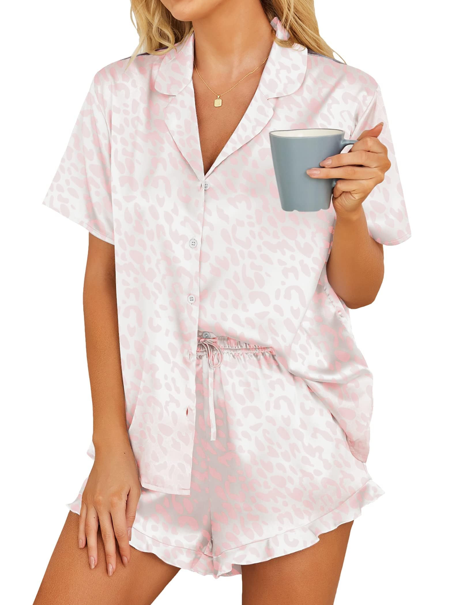 Hotouch Satin Schlafanzug Damen Kurz Pyjamas Set Kurzarm Sommer Loungewear Sleepwear Hausanzug S-XXL