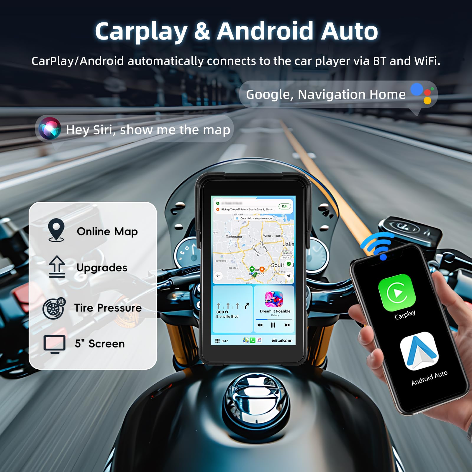 Écran Portable Carplay pour Moto, sans Fil CarPlay et Android Auto pour Moto, 5 Pouces Écran Tactile Étanche avec Bluetooth, Navigation GPS, Siri/G00gle Assistant