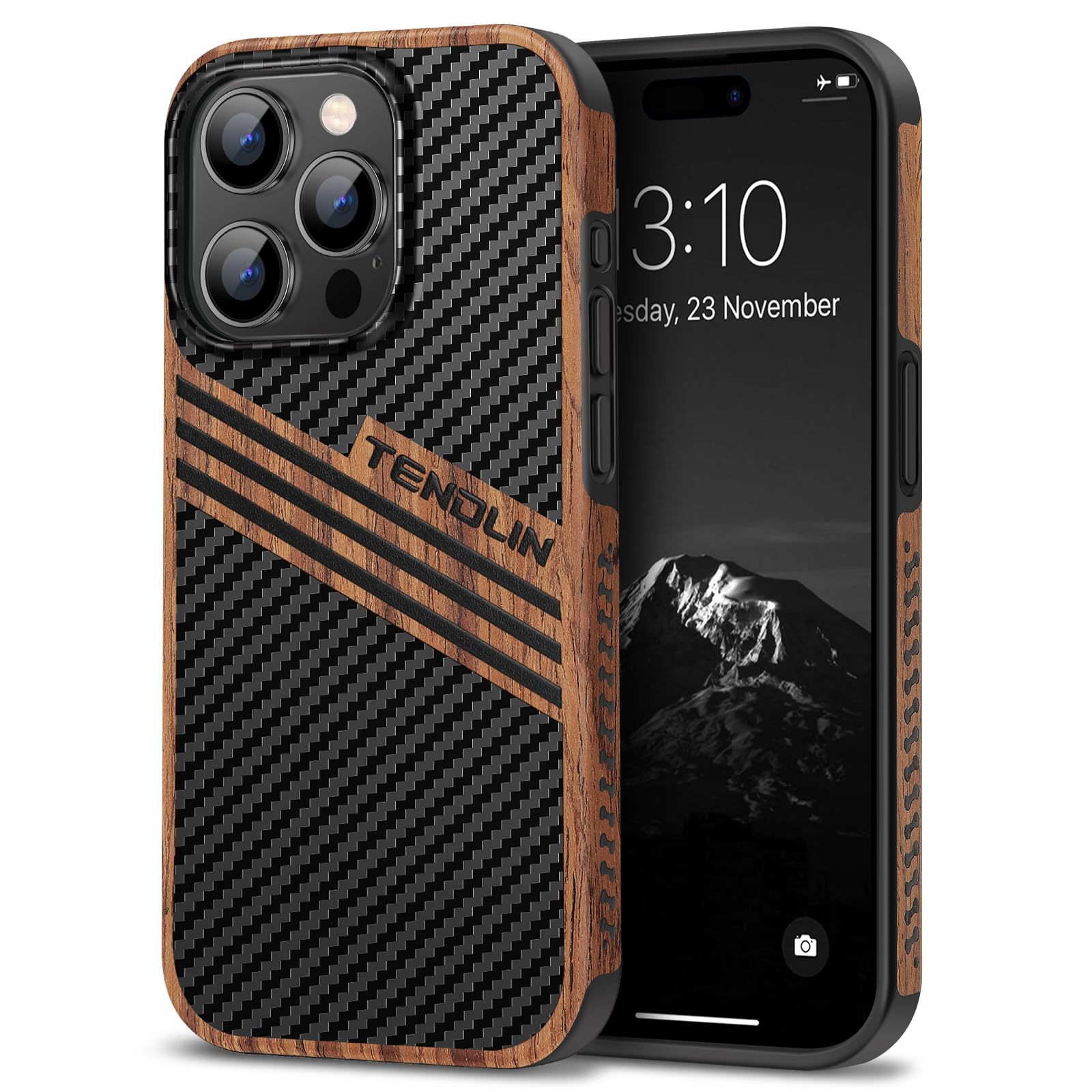 TENDLIN Compatible with iPhone 15 Pro Case Wood Grain with Carbon Fiber Texture Design Leather Hybrid Slim Case (Three Stripe)