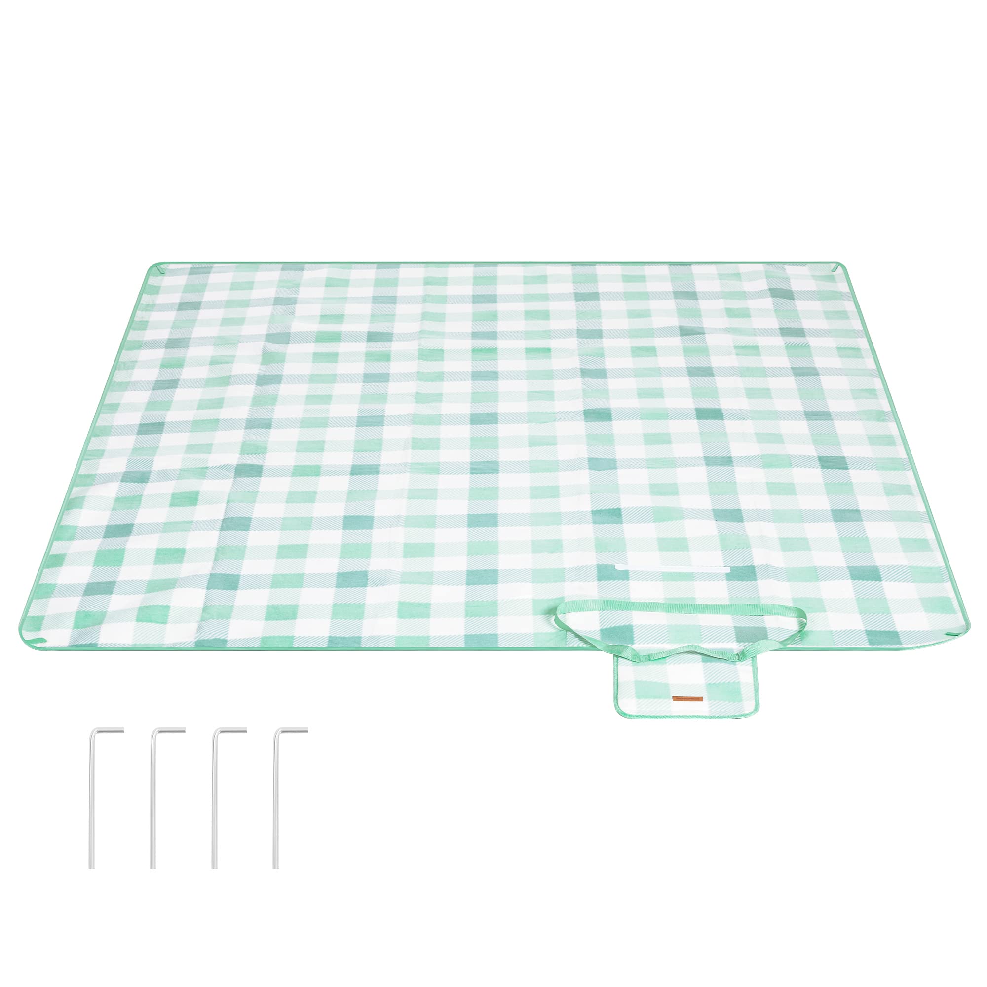 SONGMICS Picnic Blanket, 200 x 200 cm, 4 Blow-Away Prevention Pegs, Large Mat for Camping, Park, Garden, Beach, Outdoors, Waterproof Backing, Foldable and Portable, Green and White GCM011W02