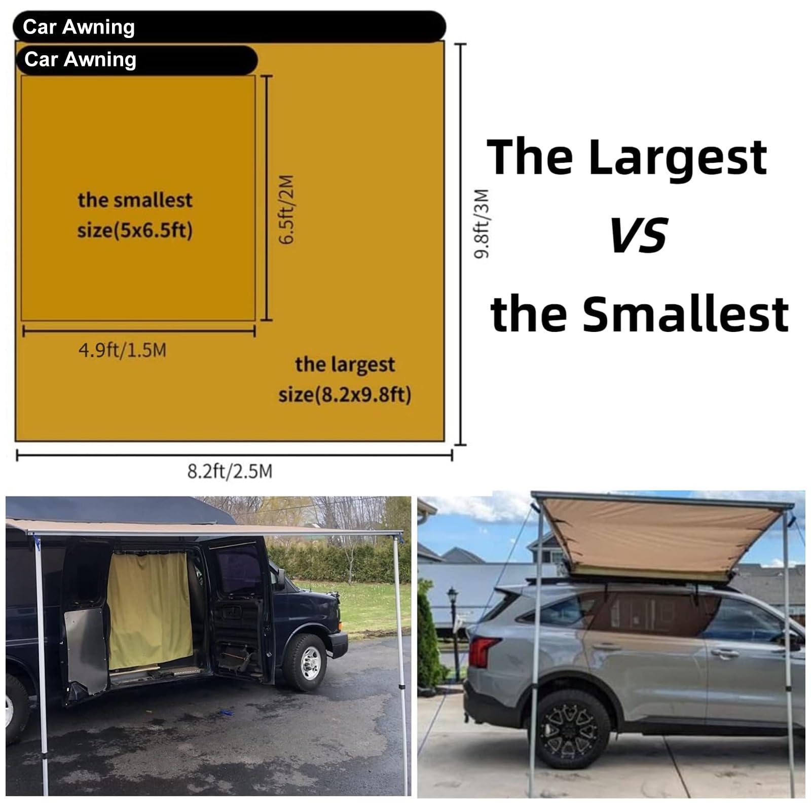 Auto Markise 200 x 250 cm, Ausziehbare Dachgepäckträger Markise, UV50+, PU 2000 Mm Wasserdicht, für Camping, PKW, SUV, LKW und Transporter(200x250cm)
