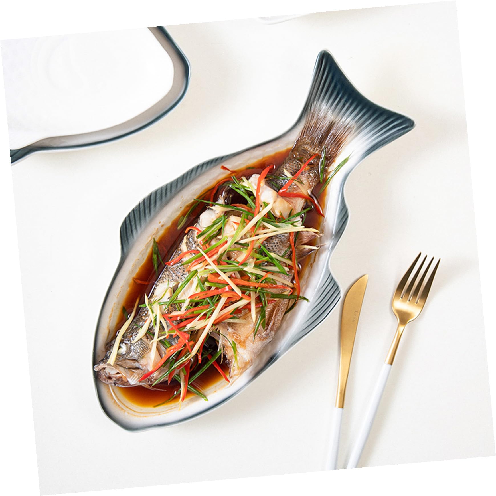 Plato de Cerámica para Cocinar al Vapor y Servir Bandeja Decorativa Elegante y Delicada Forma de Pescado para Mesa Festiva y Mariscos