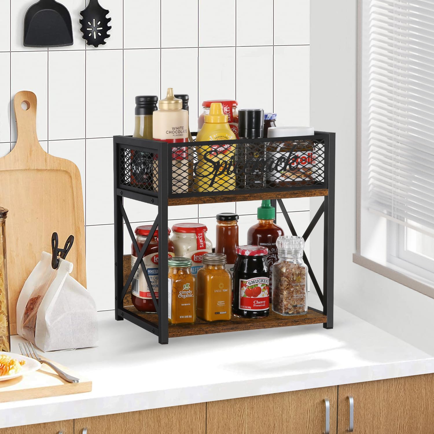 YINMIT Küchenregal Aus Holz – 2-stufiges Thekenregal Für Gewürze & Deko, Rustikales Design