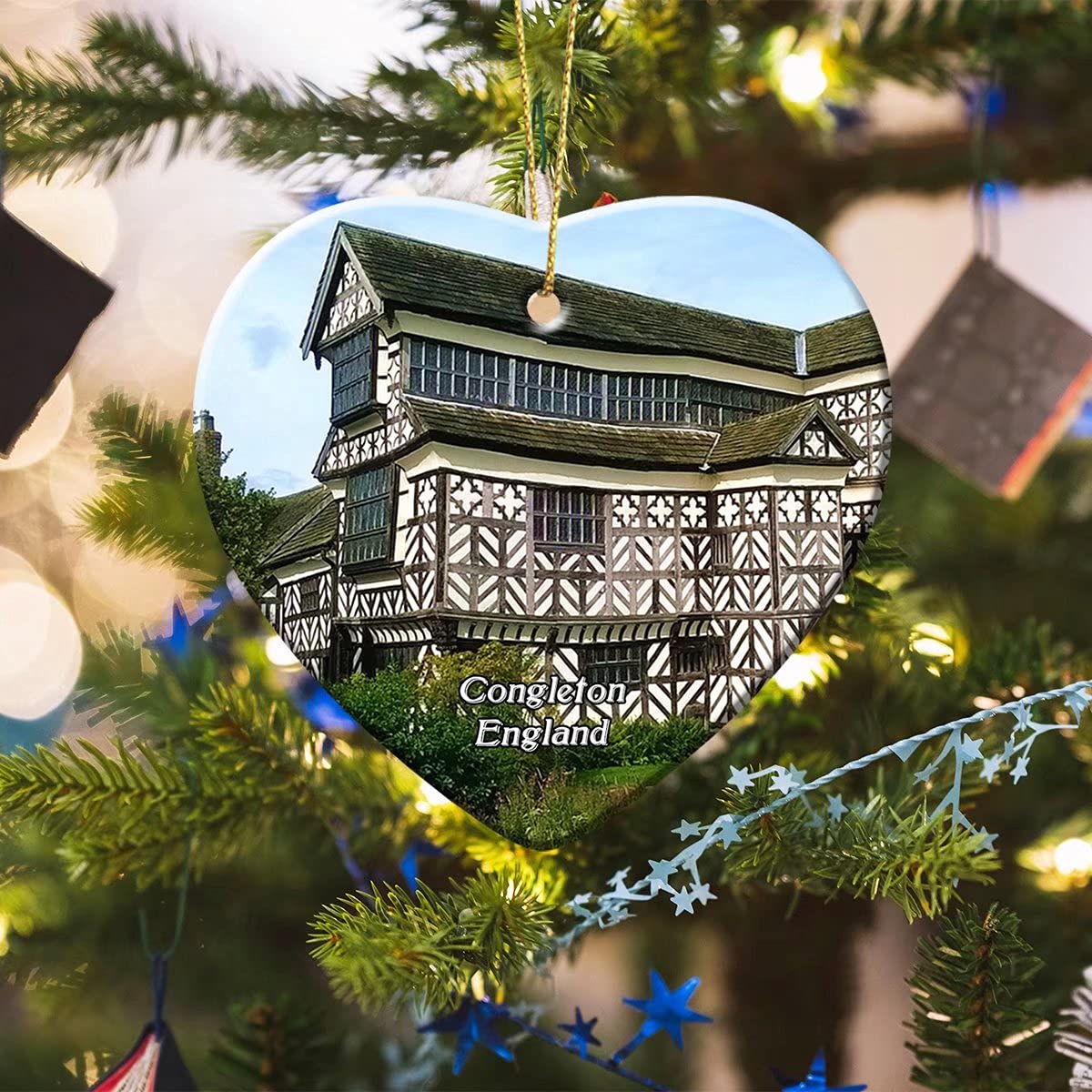 UK England Congleton Little Moreton Hall Christmas Ornament Xmas Tree Decor Ceramic Ornaments Souvenirs Gifts Double Sided Porcelain Pendant Decoration for Porch Fireplace Garlands