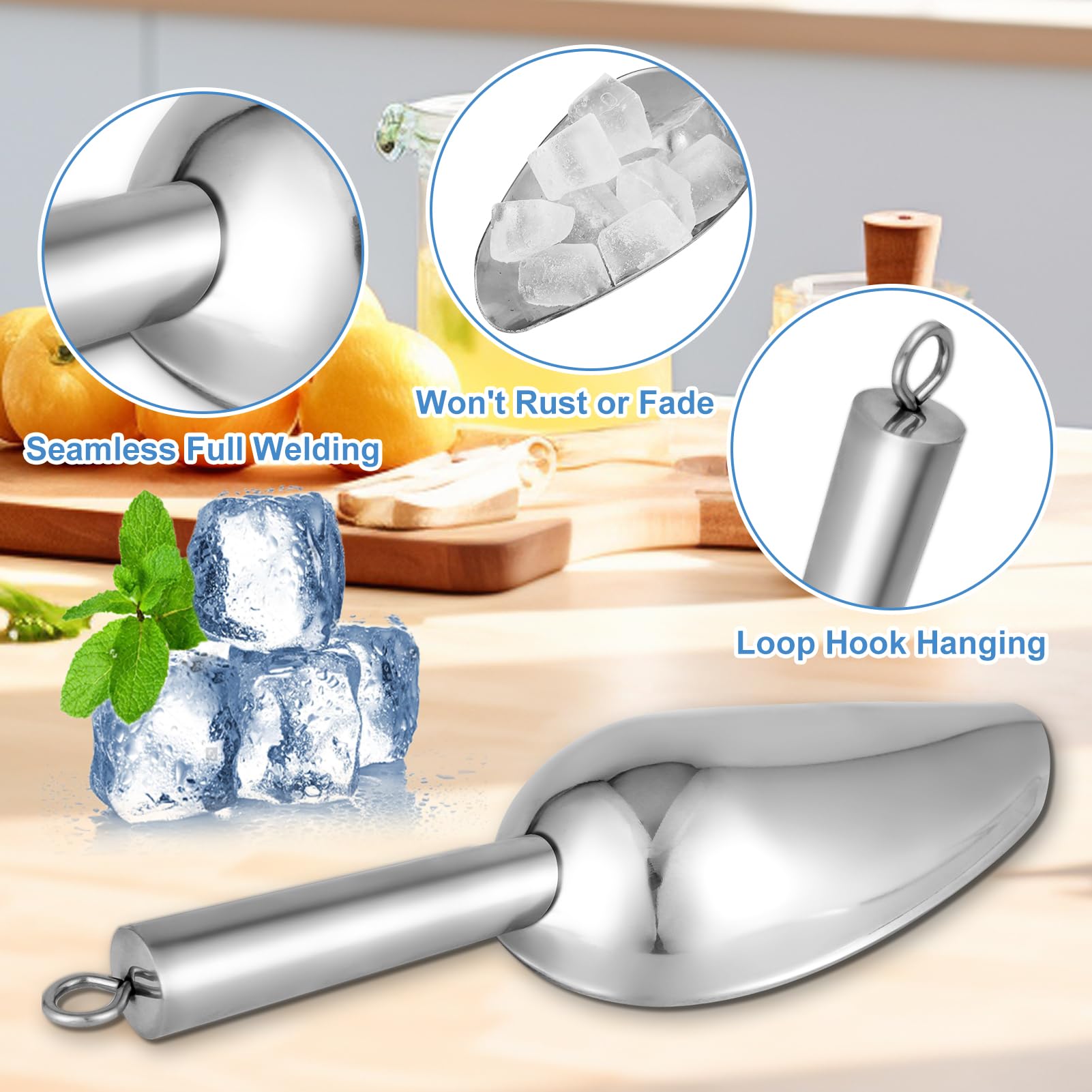 Paletta per ghiaccio in acciaio inox ispessito con gancio, 170 g, 20 cm, utensile da cucina multiuso per ghiaccio, farina, zucchero e altro ancora
