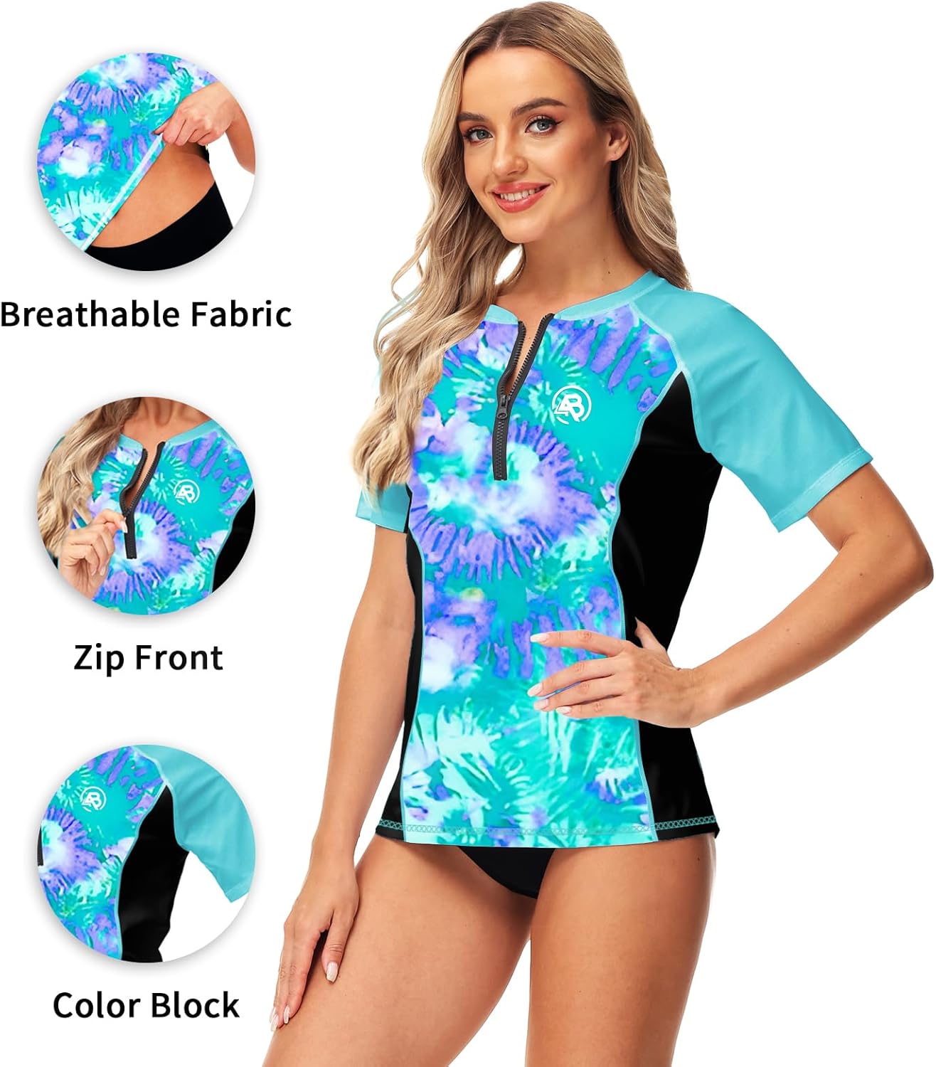 AOBUTE Women Zip Rash Guard UPF 50+ Gradient Short Sleeve Swim Top Surf Shirts - Image 3