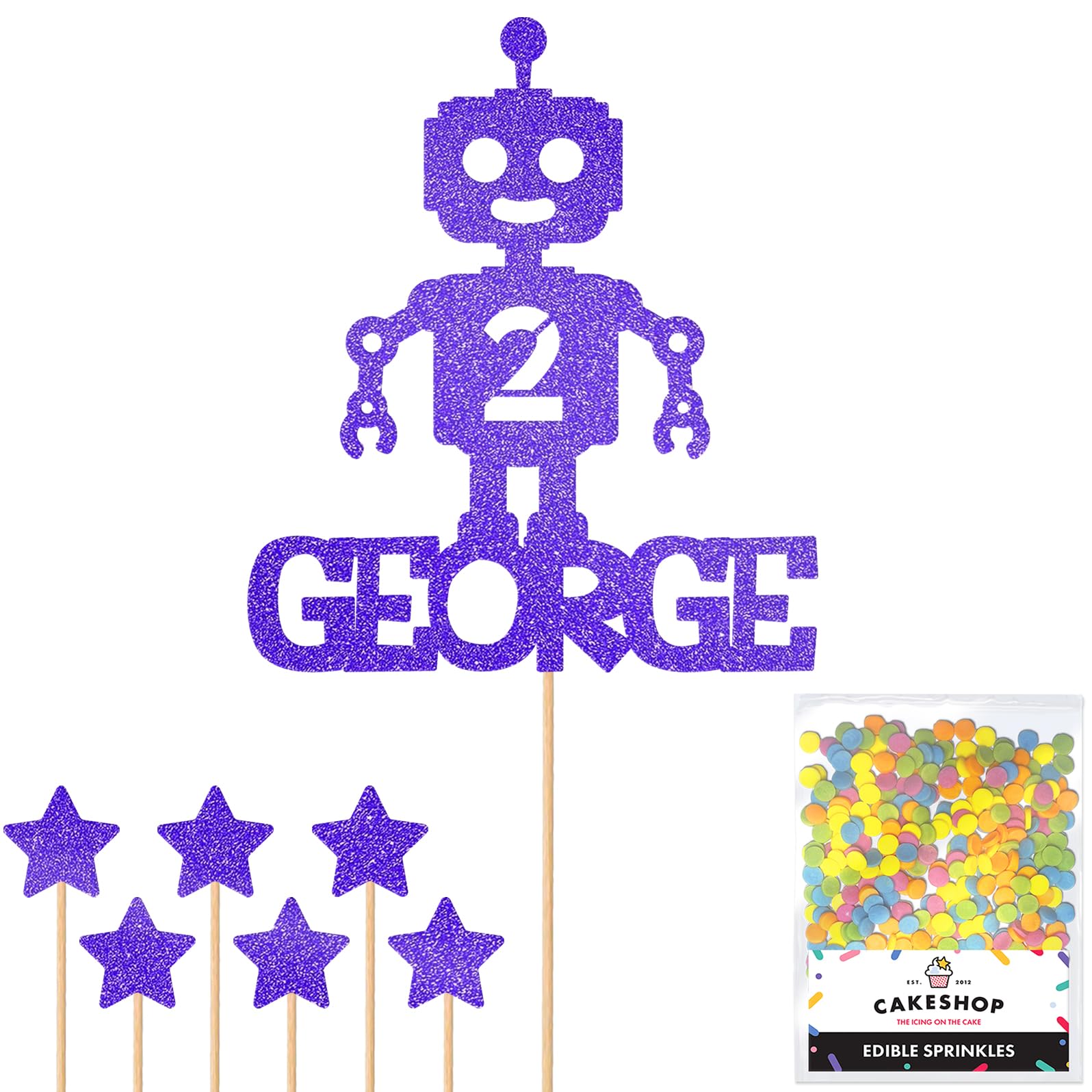 Personalised Birthday Space Robot Glitter Cake Topper- Blue Any Custom Age & Name Glitter Cake Decoration and Sprinkles - Happy Birthday Decorations - Personalised Toppers for Cakes by Cakeshop