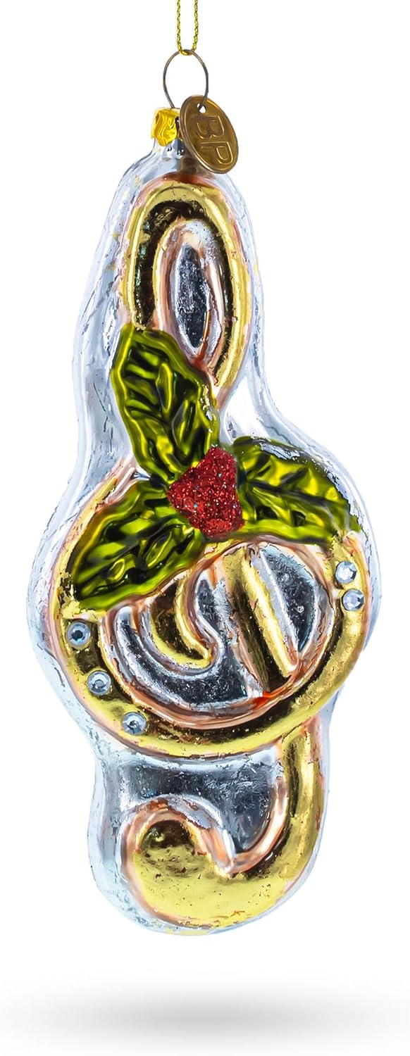 Melodic Musical Note with Poinsettia Blown Glass Christmas Ornament - Image 2