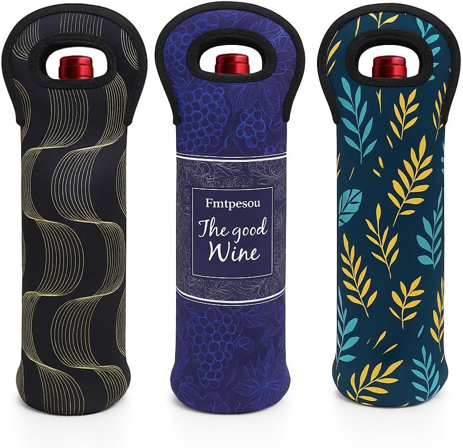 3 Pack Insulated Neoprene Wine Carrier Bags – Reusable Travel Wine Tote Sleeves, Waterproof & Durable Wine Bags for 750ml Bottles, Gift Ready for Parties & Picnics