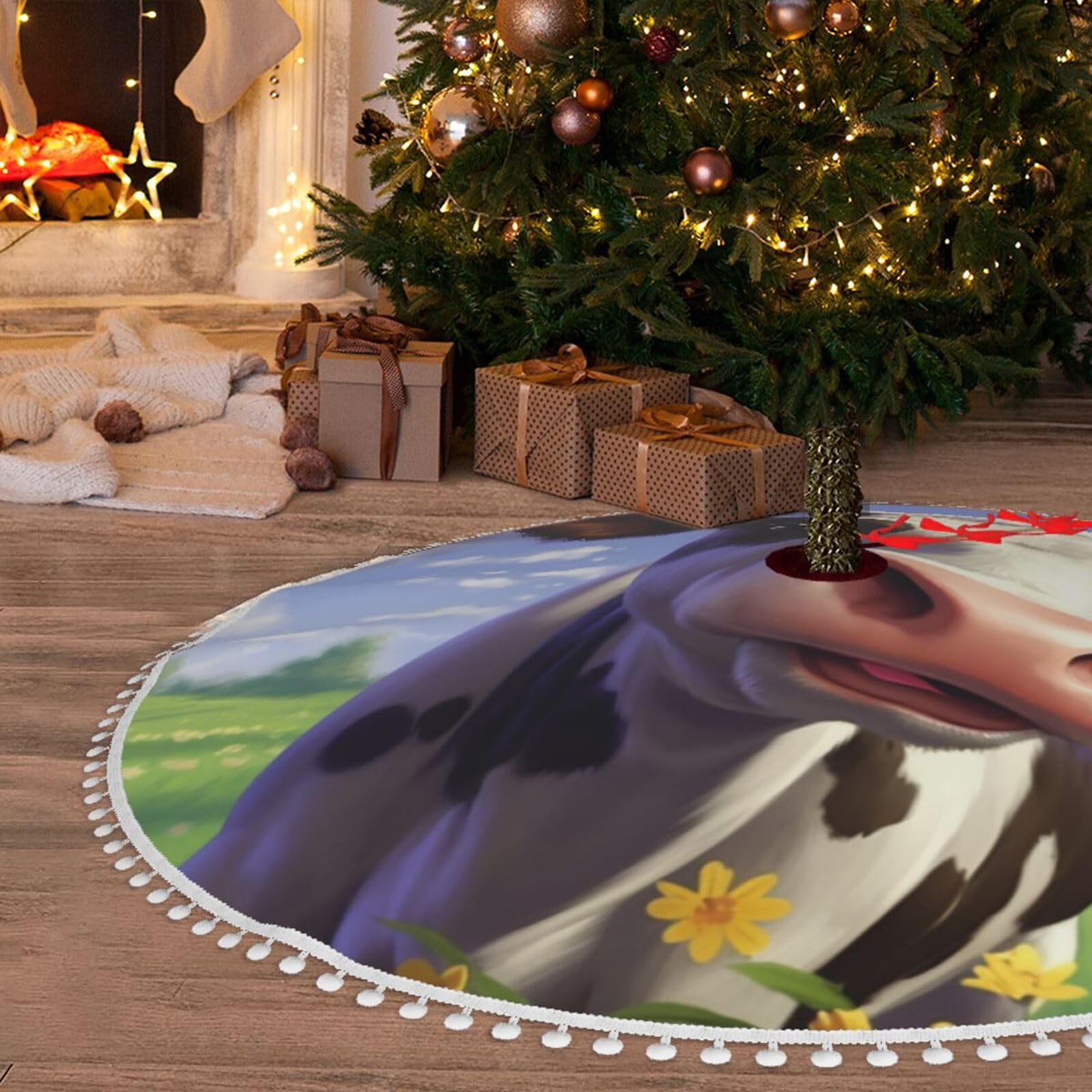 Jupe de sapin de Noël vache en peluche douce 122cm pour décoration de fête de ferme rurale