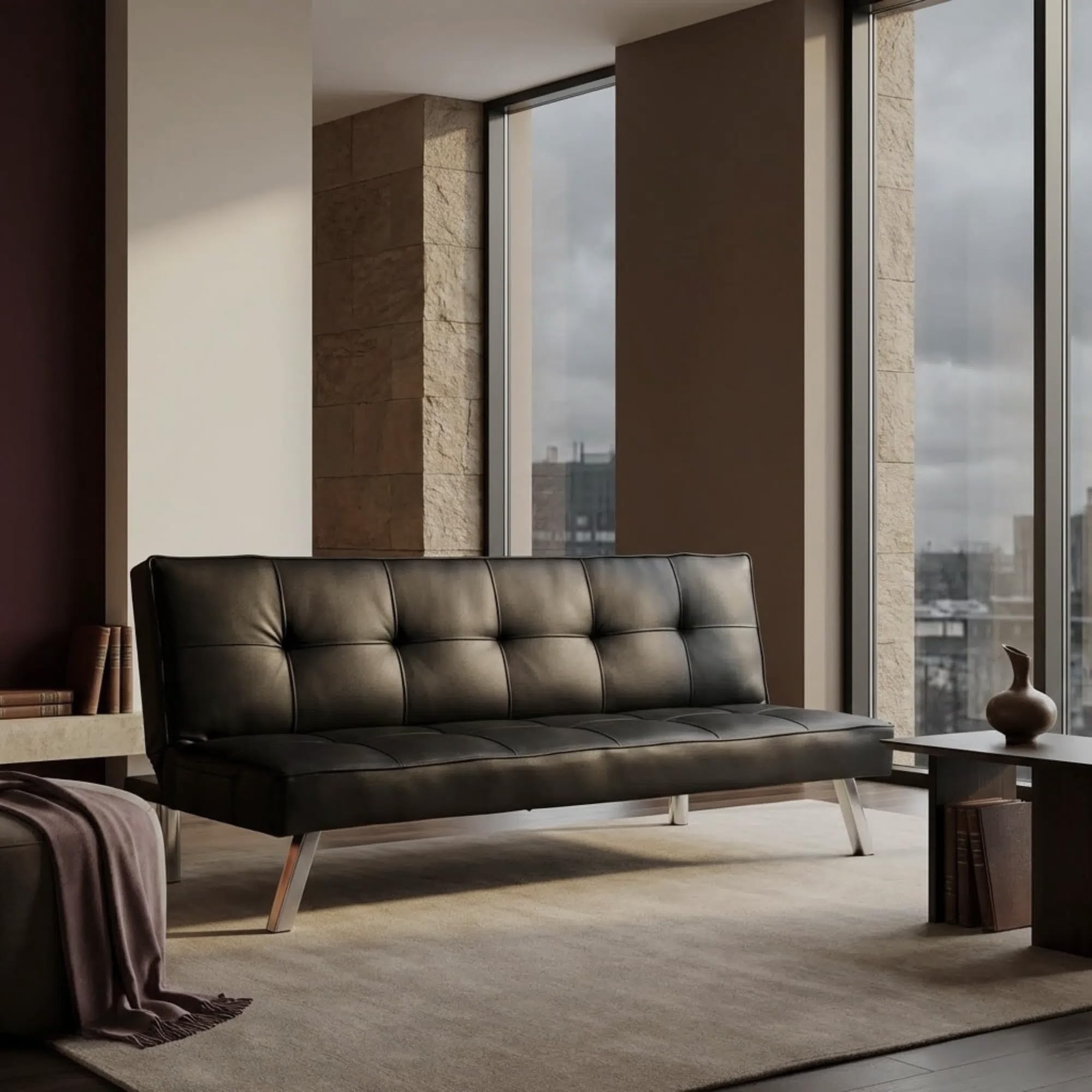 Modern Zenthor 3-in-1 Sofa Cum Bed | 3 Seater Convertible Sofa Bed | Tufted Leather Sofa Beds Design for UAE Homes, Apartment, Villa Living Room Furniture (Black)