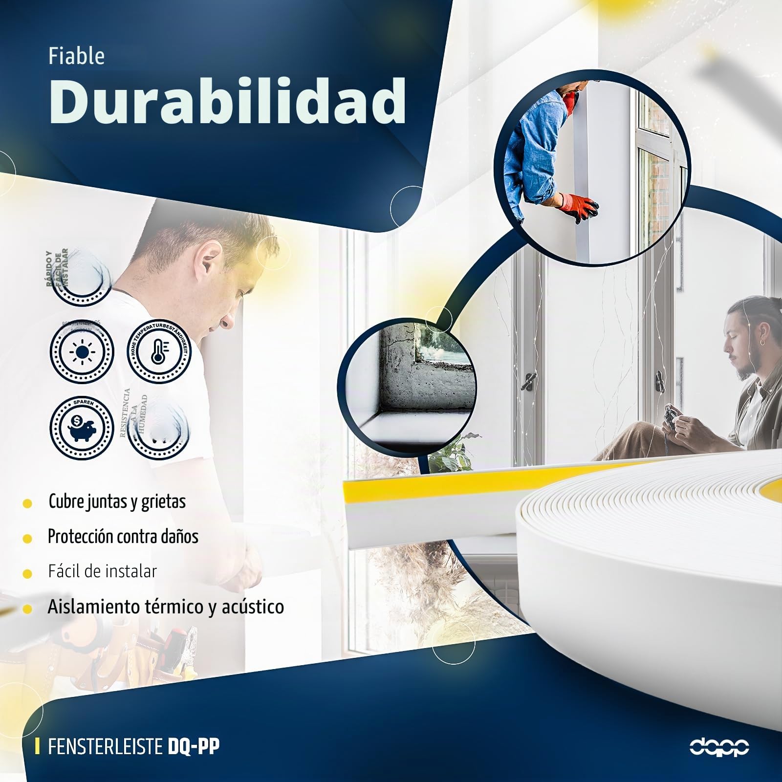 DQ-PP Molduras de Ventanas | Longitud 10m | Anchura 30mm | Grosor 1,5mm | Blanco | autoadhesivo | Interno/Externo | Tira de la cubierta | enmascaramiento