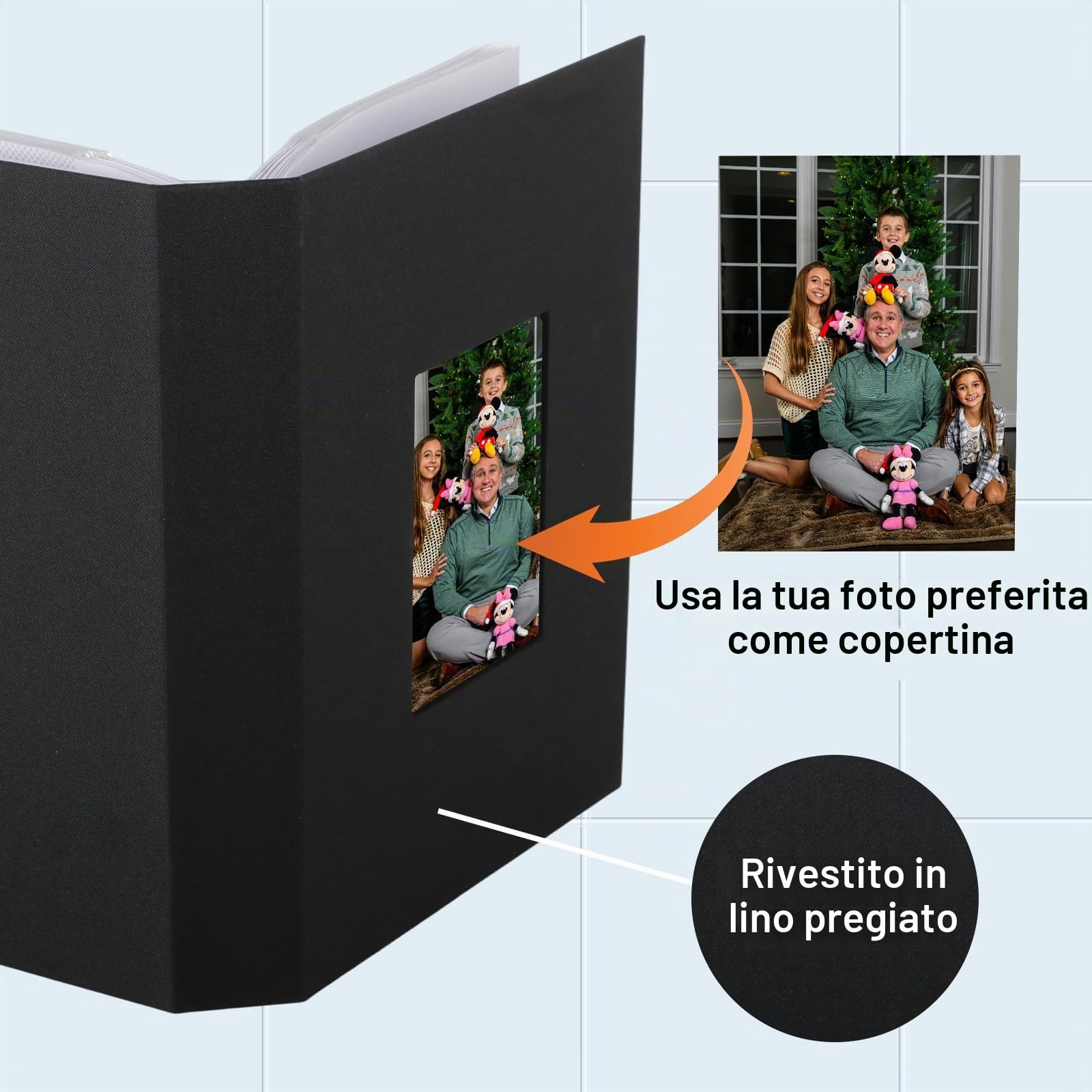 Album Fotografico 10x15 cm 300 Foto - Copertina in Lino Nero con Finestra Frontale, 50 Fogli (100 Pagine), con Superficie di Scrittura - per Matrimonio, Famiglia, Viaggi.